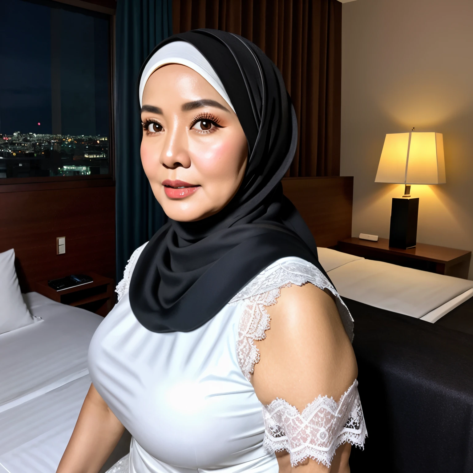 56 years Old, Hijab Indonesian mature woman, Big Mature Tits : 38.9, Lace Gamis, white skin like porcelain, Curvy body, at Hotel Room, Dark light, at Nighttime.