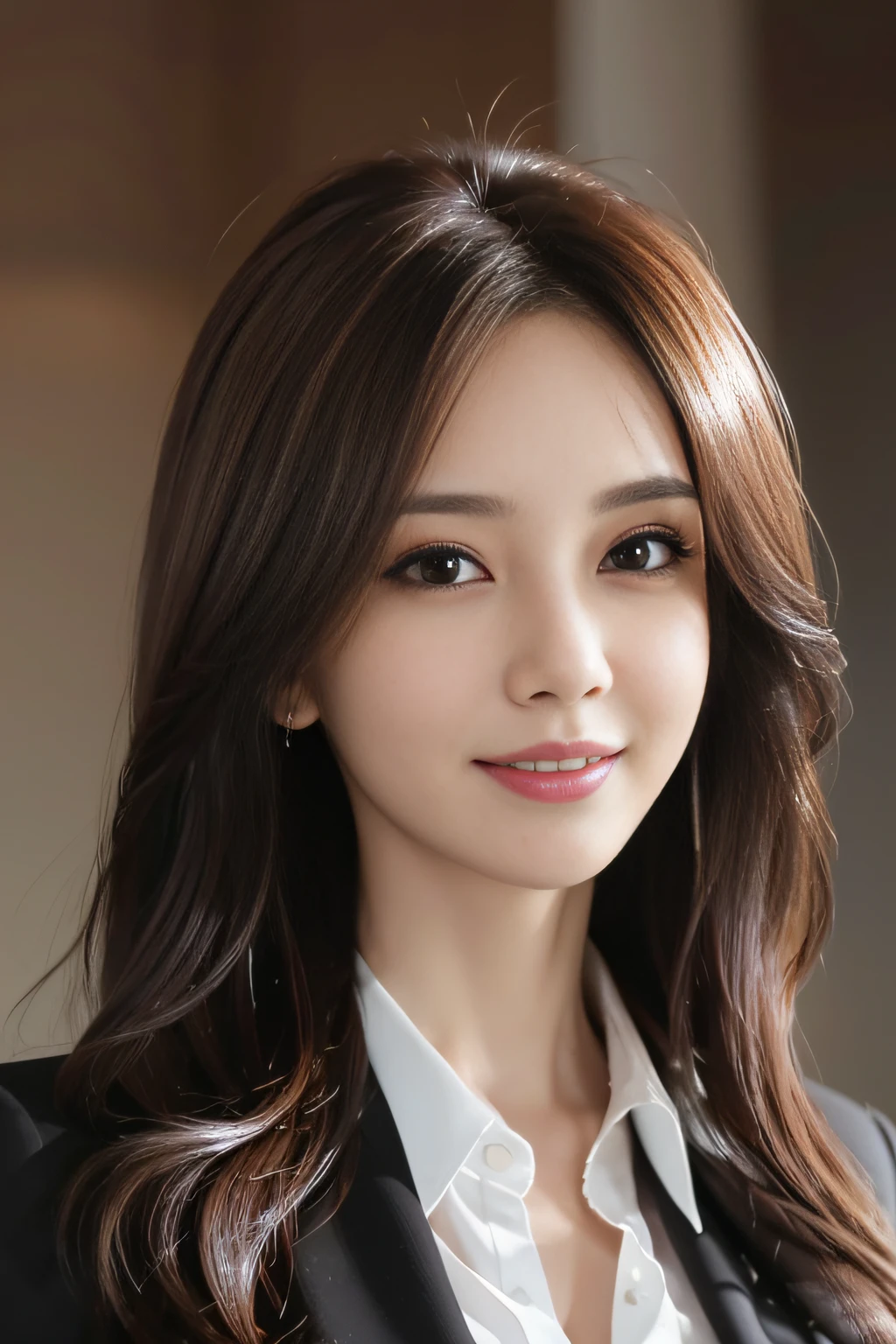 masutepiece, Best Quality, Photorealistic, Ultra-detailed, finely detail, High resolution, 8K Wallpaper, 1 beautiful woman,, light brown messy hair, in a business suit, foco nítido, Perfect dynamic composition, Beautiful detailed eyes, detailed hairs, Detailed realistic skin texture, Smiling, Close-up portrait, Model body type