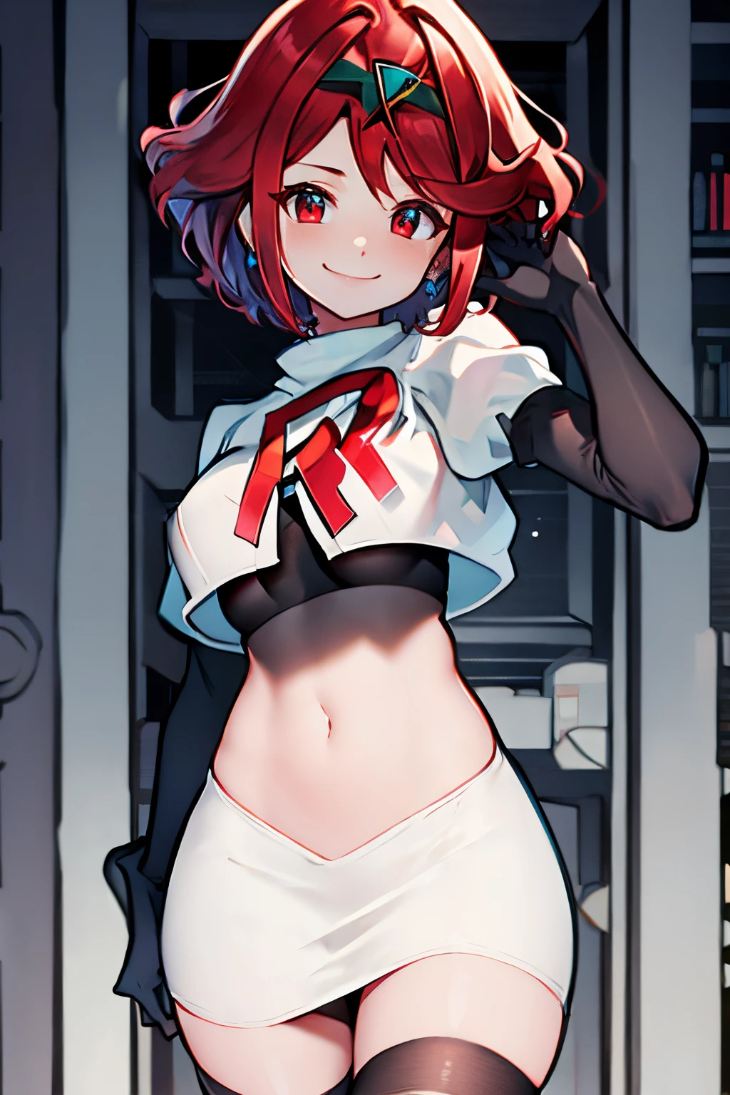 pyra,team rocket,team rocket uniform, red letter R, white skirt,white crop top,black thigh-highs,black elbow gloves, warm smile,