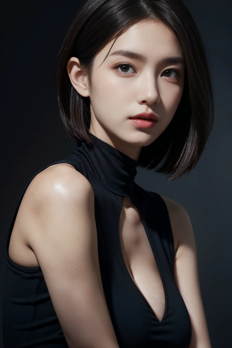 Skin Tight Black Top:1.2, Looking at Viewer, Cinematic lighting, Perfect, softlight, High resolution skin:1.2, Realistic skin texture, 30 years old mature woman、a small face、no-makeup、, off shoulders,Bust B Cup、 Exposed cleavage, Red Eyes, Short hair, dark brown hair、fullnude、Gray background、
