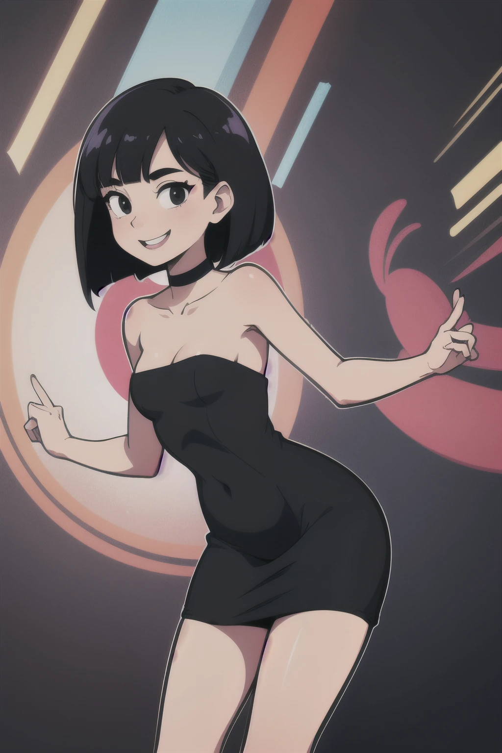 one-girl,medium breasts,cleavage, looks into camera,short black hair,bob cut, black eyes, strapless, Black dress, skin-tight dress, doing a Latin dance, open arms, armpits, danceclub, neon lights, 2D illustration, vector art.