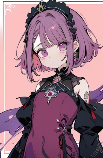 absurdos, alta resolução, (estilo anime:1.1), ((masutepiece)), ((best quality)), (ultra-detalhado), (Beautiful),beautiful face、(elevation),Longas、Estilo Azhiichigo，olhos grandes, linhas densas, mixing pattern，fofo,1. lo gothic, Standards Expansion、cabelo roxo claro、fita bonito、purple one piece clothes、um olho roxo、plano de fundo simples、fundo cinza、(((((1girl em、terno meu roxo、vestido bonito、vestido com uma grande fita rosa、vestido com fita rosa)))))(a parte superior do corpo、(((((uma menina )))))、((((Lori、filho mais novo))))、Gosic、{{{{{lo gothic、a parte superior do corpo}}}}}{{{{{{{{{{a parte superior do corpo}}}}}}}}}}{{{magia}}}, ({{{{{plano de fundo simples、cabelos fofos}}}}})medium format film camera, fundo naturalmente desfocado,