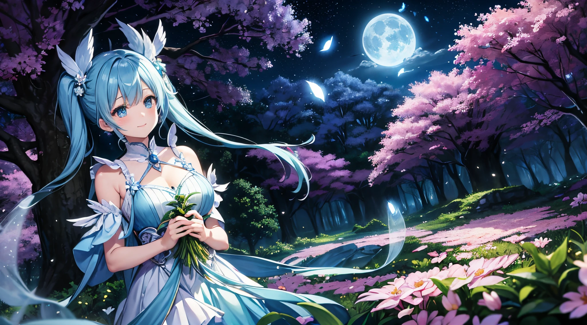 Dynamic Angle、 within a magical forest, a mystical fairy girl emerges, Light blue long hair、Hairstyle is Twintails、adorable smiling、Moonlight twinkle,  flower bloom、A big pure white owl is flying、、The tree々While flapping its wings in the sparkling fireflies, Many beautiful flowers are blooming、fantastic landscape、A sky full of stars twinkles、 Creating a field where dreams and reality intersect，