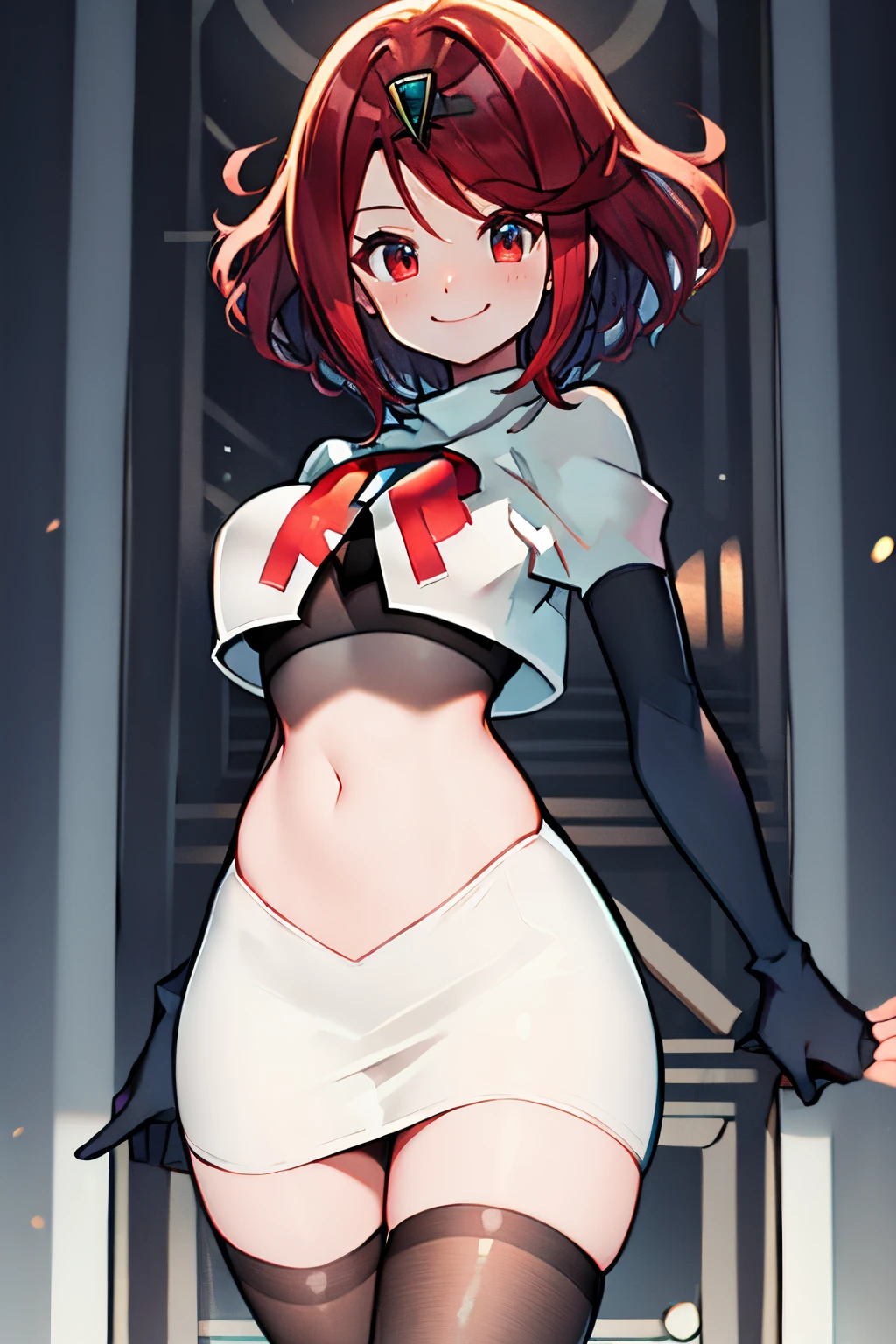 pyra,team rocket,team rocket uniform, red letter R, white skirt,white crop top,black thigh-highs,black elbow gloves, warm smile,