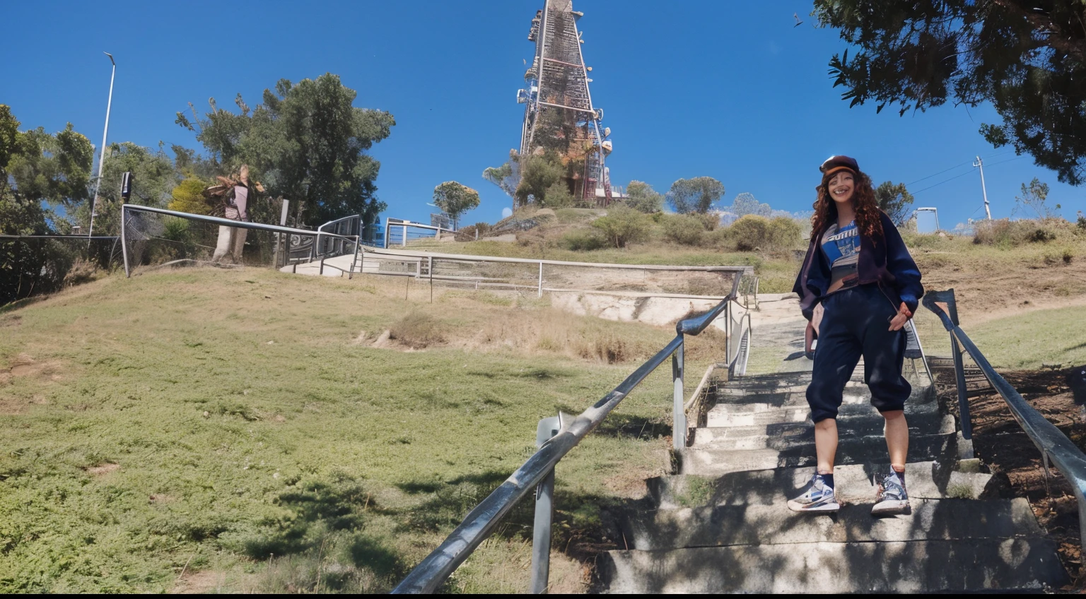a 3d movie poster in Disney-Pixar Tall brunette woman with red curly hair and a cap is smiling and standing on a staircase with some trees and antenna in the background wearing comfortable clothes, sweatpants and sneakers