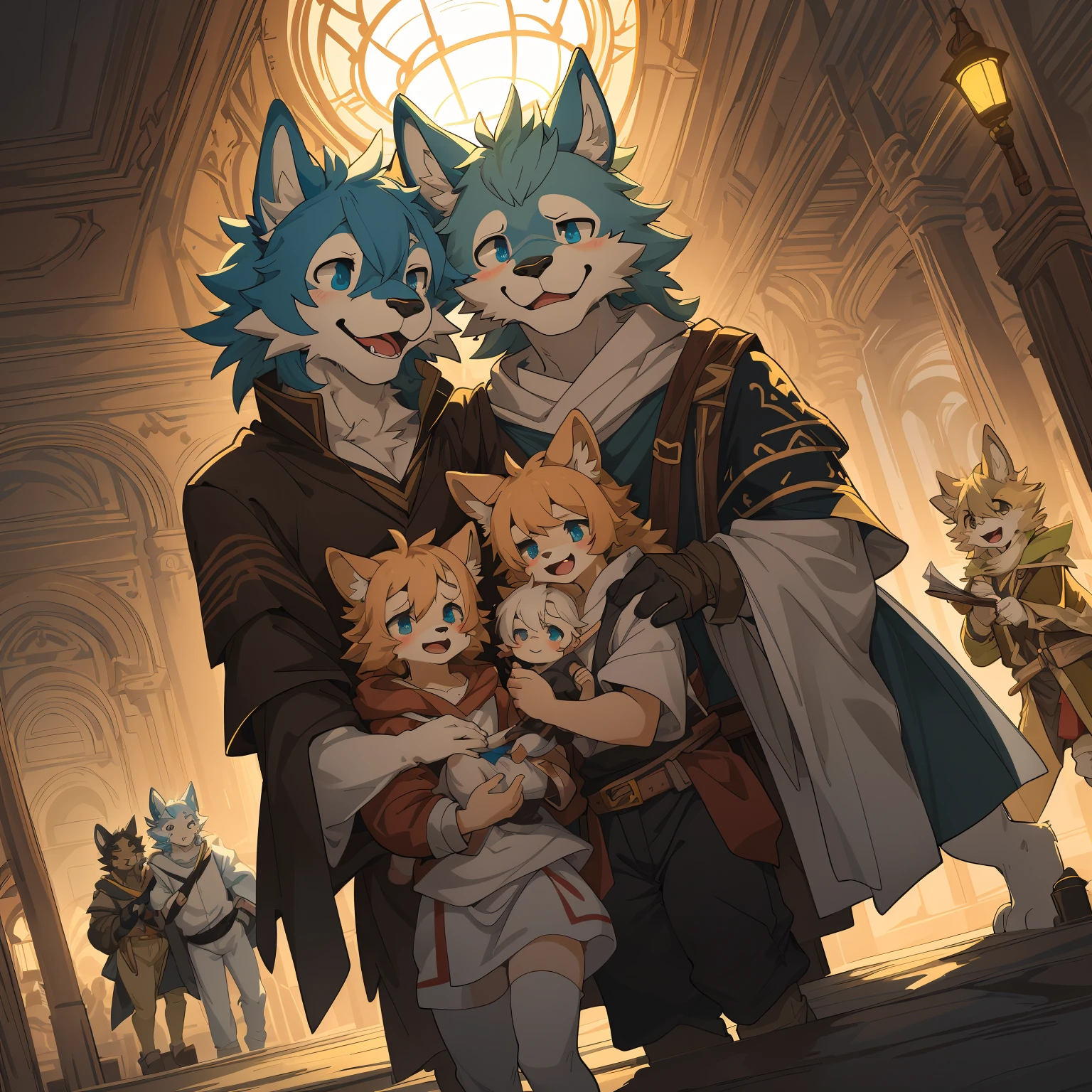 Top quality, ultra-fine illustrations, four-headed bodies (associations, colorful stained glass, weddings) (very detailed beautiful faces and eyes) absurd perfect anatomy (angelic cute boys and girls) ((beastmen))) (tuxedos, prom dresses, wedding photos, bride and groom, ring exchange) (furry antro: 1.7) (furry body, animal facial features, animal body features(muzzle of the animal, very detailed fur) full body, smile (dynamic pose),