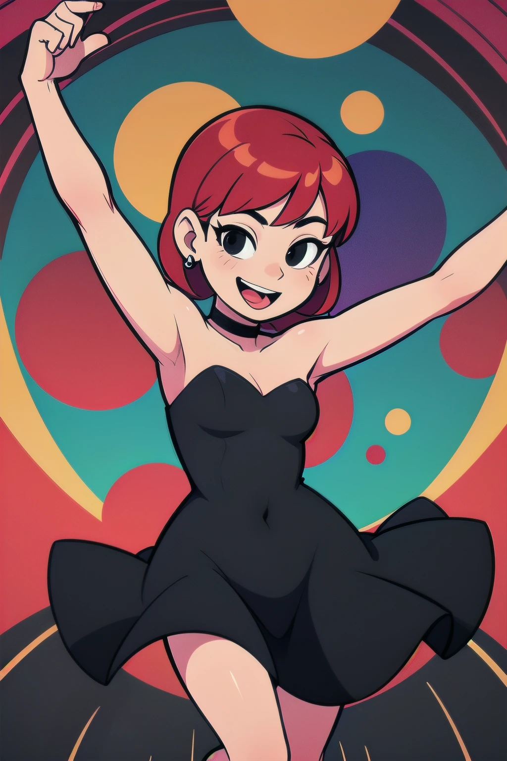 1 girl, teenage, red hair, short red hair, medium hair, bob hair, black eyes, little black dress, strapless dress, short bodycon dress, skin-tight dress, smile, black choker, golden hoop earrings, hands up, armpits, dancing, looking at you, lovely legs, sexy, ballroom background, disco and abstract lighting, masterpiece, high quality, flat colors, flat colors, cel shading, outlines, vector art.