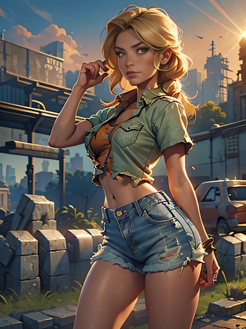 2076 year. The Urban Ruins of the Wasteland, Female huntress picking fruit in the garden, beautiful face, blonde, very torn shirt and denim shorts, shirt in tatters , long legs, sweating through, sun rising, Nice warm colors, head to toe full body shot