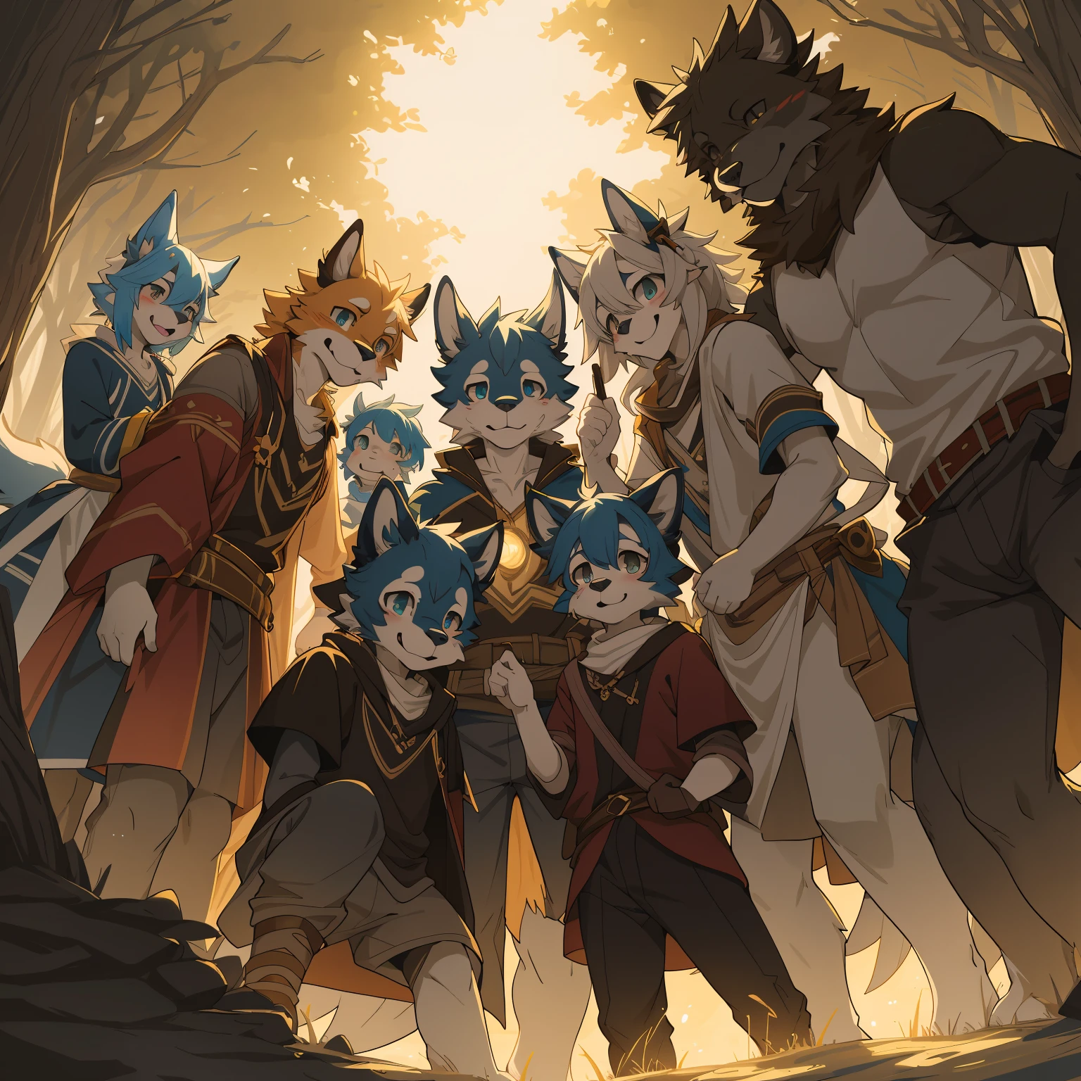 cover_page, highres, top quality, best quality, paid reward available, High-quality illustrations, unparalleled masterpiece, perfect artwork, absurdres, super high resolution, detailed background, elf punk, Beautiful World Heritage, 6+boys, 6+girls, Happy, joyful(Photo of family trip)(kemono, furry anthro)cinematic lighting, dynamic angle,