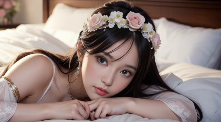 Close-up of a woman lying on bed with flowers in her hair, anime goddess, artwork in the style of guweiz, guweiz, Cute anime waifu in a nice dress, Trending on CGSTATION, beautiful alluring anime woman, Smooth Anime CG Art, Beautiful anime girl, a beautiful fantasy empress, beautiful anime woman, beautiful alluring anime