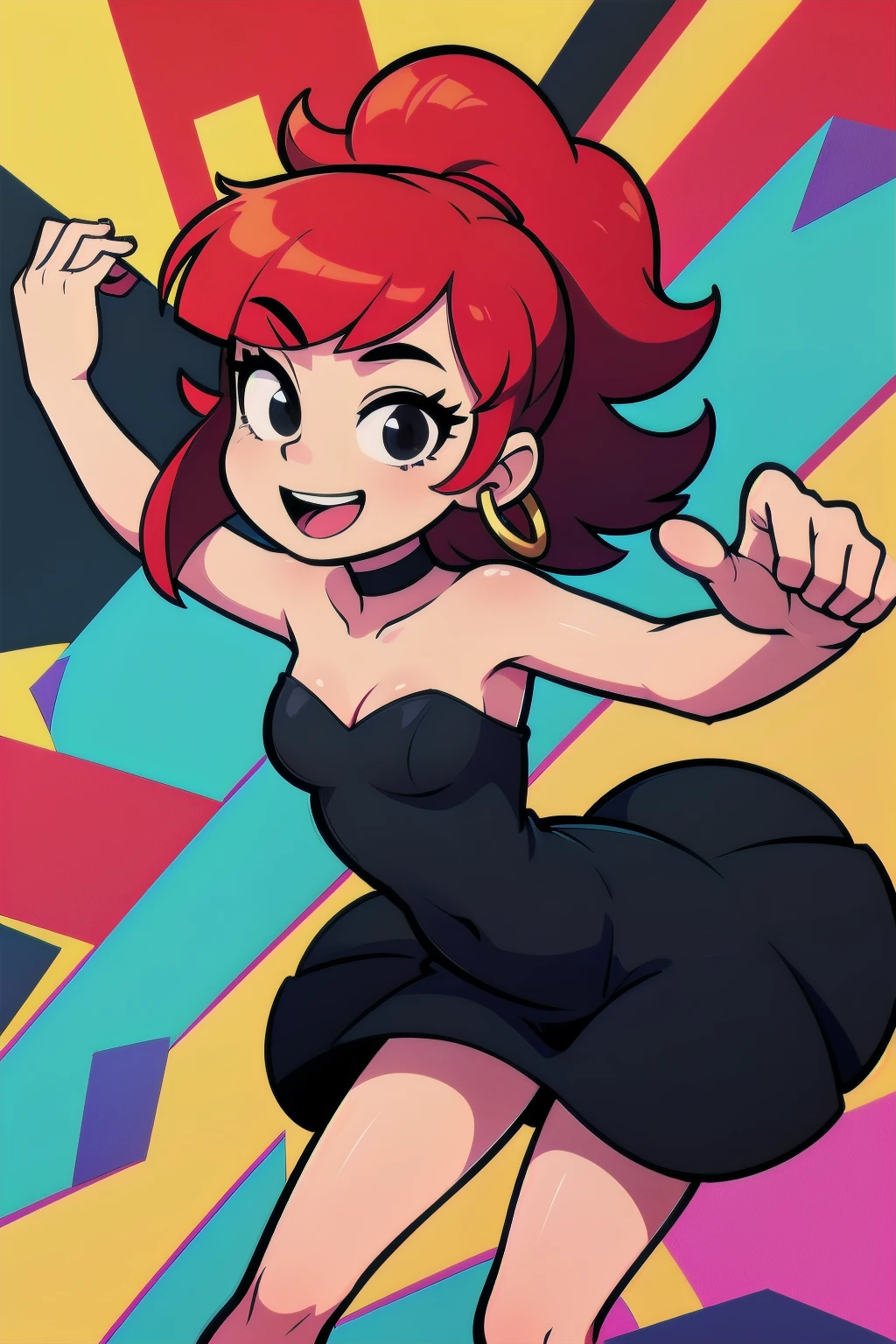 1 girl, age, red hair, short red hair, medium hair, bob hair, black eyes, little black dress, strapless dress, short bodycon dress, skin-tight dress, smile, black choker, golden hoop earrings, hands up, armpits, dancing, looking at you, lovely legs, sexy, ballroom background, disco and abstract lighting, masterpiece, high quality, flat colors, flat colors, cel shading, outlines, vector art.