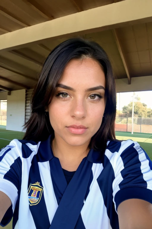 1 mujer, cabello largo y ondulado , ojos azul, dormitorio, ,con uniforme de futbol corto sexy,sentada en una cancha de futbol,staring at the camera