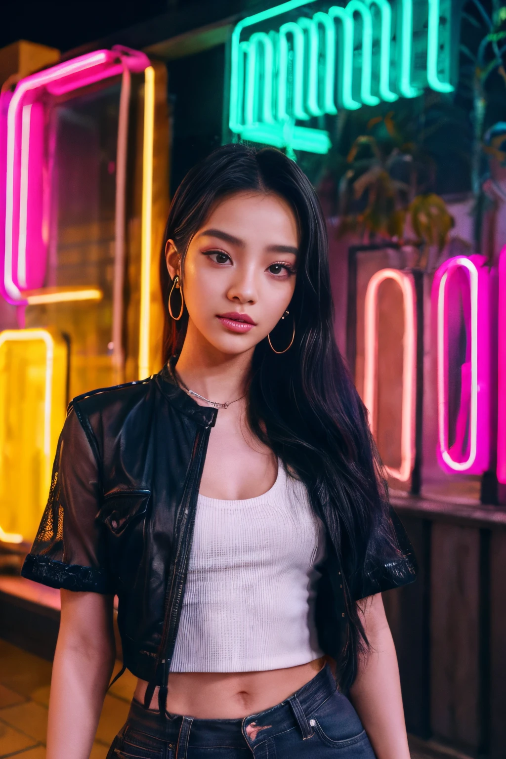 arafed woman standing in front of a wall with a cell phone, with neon lights, blackpink jennie, neon lights in the background, jisoo of blackpink, neon lights in background, jisoo from blackpink, krystal, tzuyu from twice, glowing with colored light, dilraba dilmurat, photo taken in 2 0 2 0, taken in 2 0 2 0