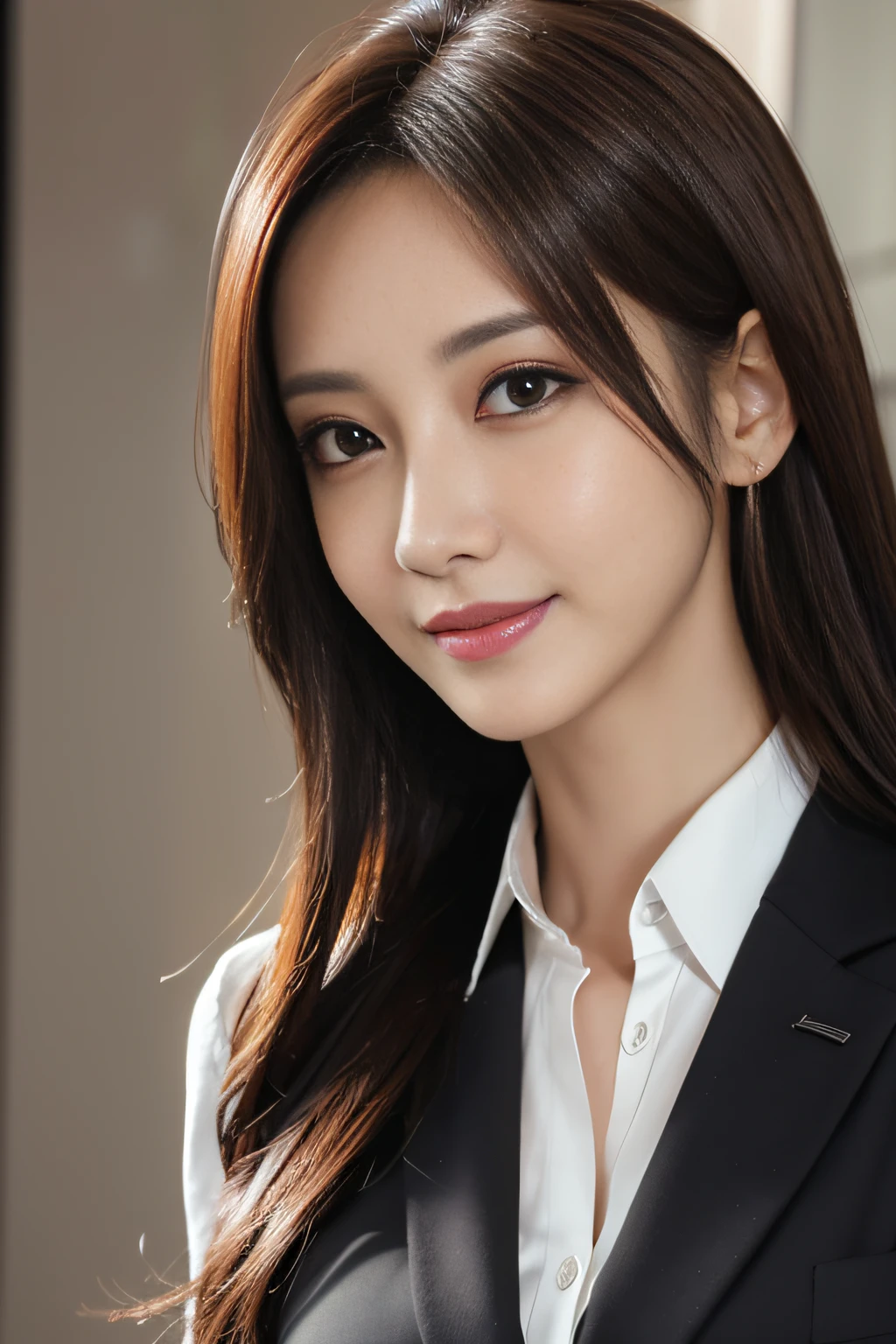 masutepiece, Best Quality, Photorealistic, Ultra-detailed, finely detail, High resolution, 8K Wallpaper, 1 beautiful woman,, light brown messy hair, in a business suit, foco nítido, Perfect dynamic composition, Beautiful detailed eyes, detailed hairs, Detailed realistic skin texture, Smiling, Close-up portrait, Model body type