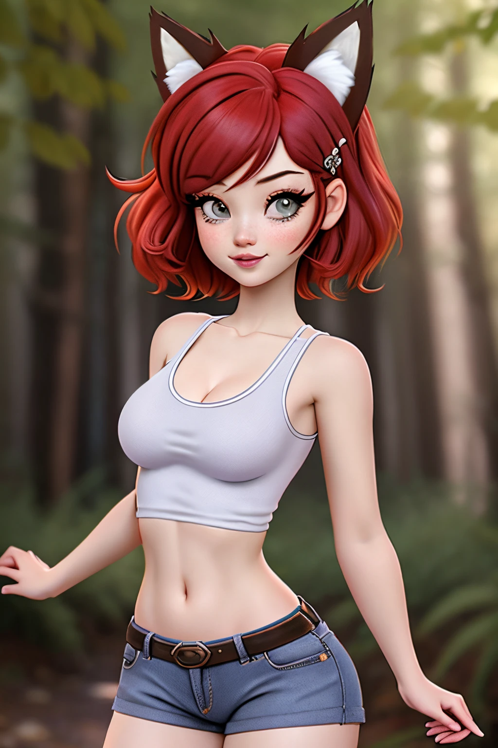 close up 1girl in, ager, Solo, vibrant red hair, straight red hair, short red hair, light gray eyes, some small freckles, pale skin, medium breasts, cleavage, runners body, (thin hips, thin waist: 1.25), (arched back:1.12), detailed skin, mischievous face, pouting, revealing clothes, (wearing cropped tank top, blue jean shorts ripped, hair clip: 1.1), looking at viewer, (groping breasts: 1.37), (action shot, dancing pose: 1.22), (dark natural fox ears:1.25), (fox ears only), ears covered by hair, (detailed magical forest background: 1.1), creek, overlooking opening in forest, relaxing, 4k textures, soft light, elegant, highly detailed, sharp focus, soothing tones, insane details, intricate details, hyperdetailed, low contrast, exposure blend, hdr, faded