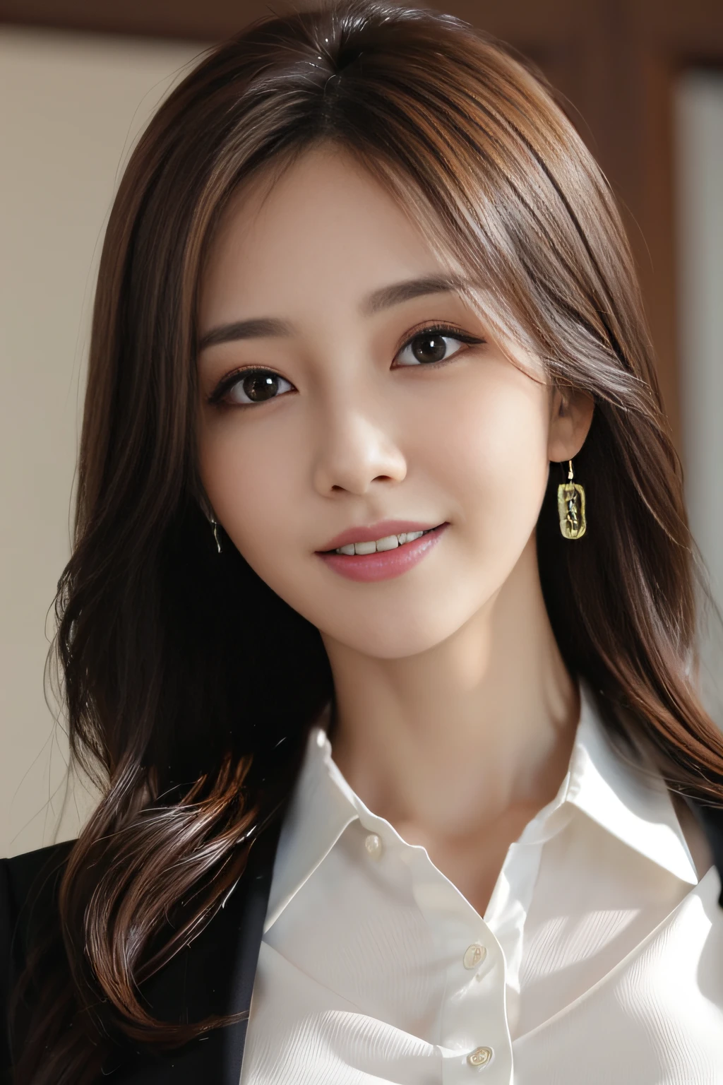 masutepiece, Best Quality, Photorealistic, Ultra-detailed, finely detail, High resolution, 8K Wallpaper, 1 beautiful woman,, light brown messy hair, in a business suit, foco nítido, Perfect dynamic composition, Beautiful detailed eyes, detailed hairs, Detailed realistic skin texture, Smiling, Close-up portrait, Model body type