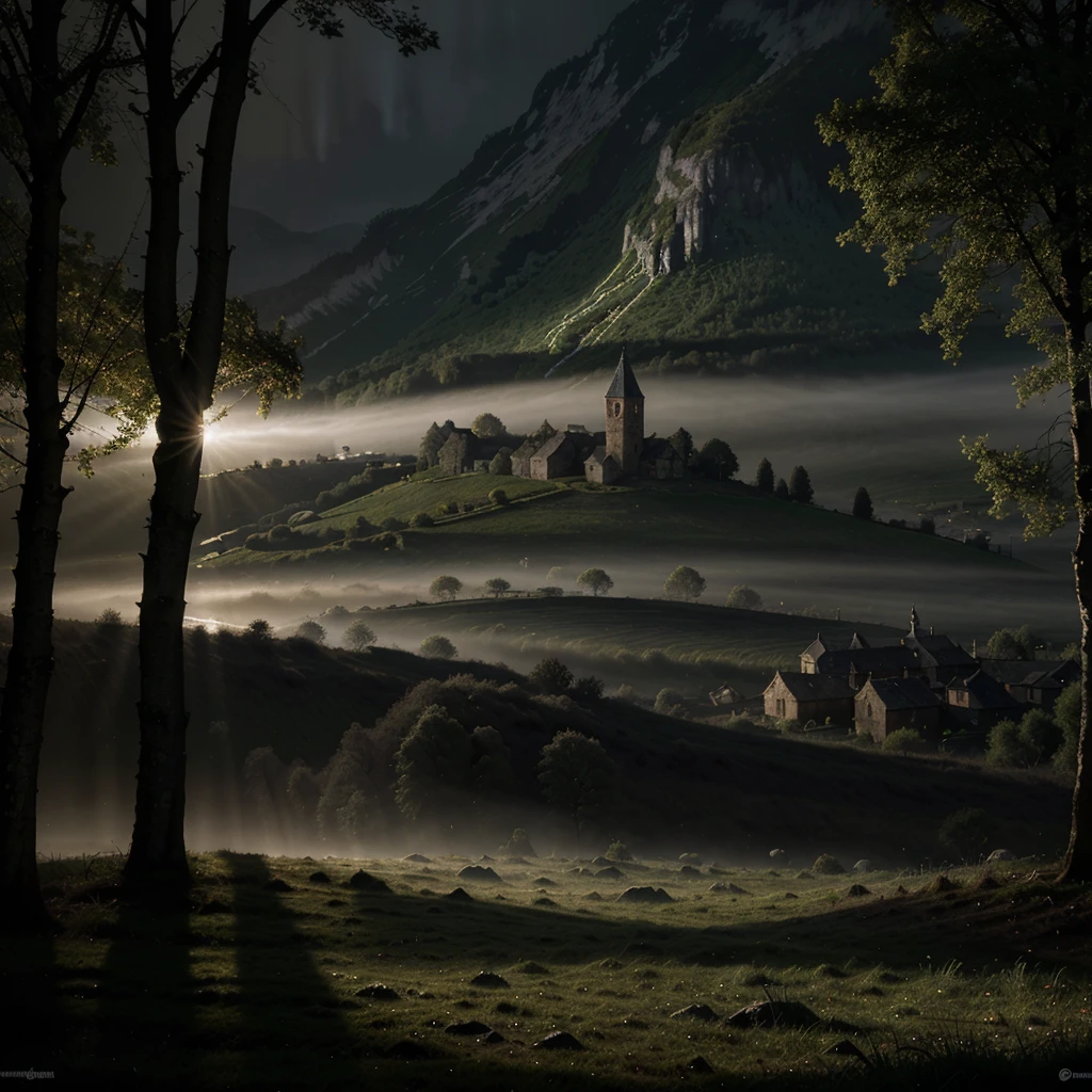 realistic dark oil painting of a medieval village at sunrise, mossy, mist, foggy, shadows, misterious, mithical, dark, rays of light shines trough the woods, ambient, depth of field, volumetric lighting, cinematic lighting, moody, heavy darkness, black sky, low angle perspective, by Eyvind Earle