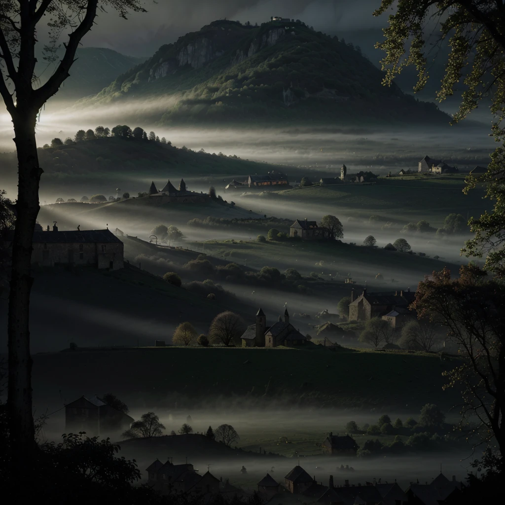realistic dark oil painting of a medieval village at sunrise, mossy, mist, foggy, shadows, misterious, mithical, dark, rays of light shines trough the woods, ambient, depth of field, volumetric lighting, cinematic lighting, moody, heavy darkness, black sky, low angle perspective, by Eyvind Earle