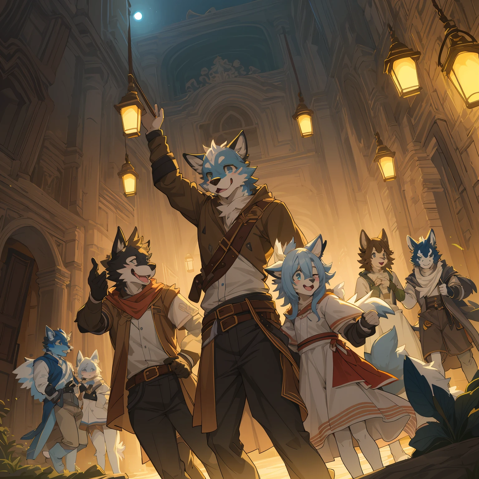 cover_page, highres, top quality, best quality, paid reward available, High-quality illustrations, unparalleled masterpiece, perfect artwork, absurdres, super high resolution, detailed background, elf punk, Beautiful World Heritage, 6+boys, 6+girls, Happy, joyful(Photo of family trip)(kemono, furry anthro)cinematic lighting, dynamic angle,