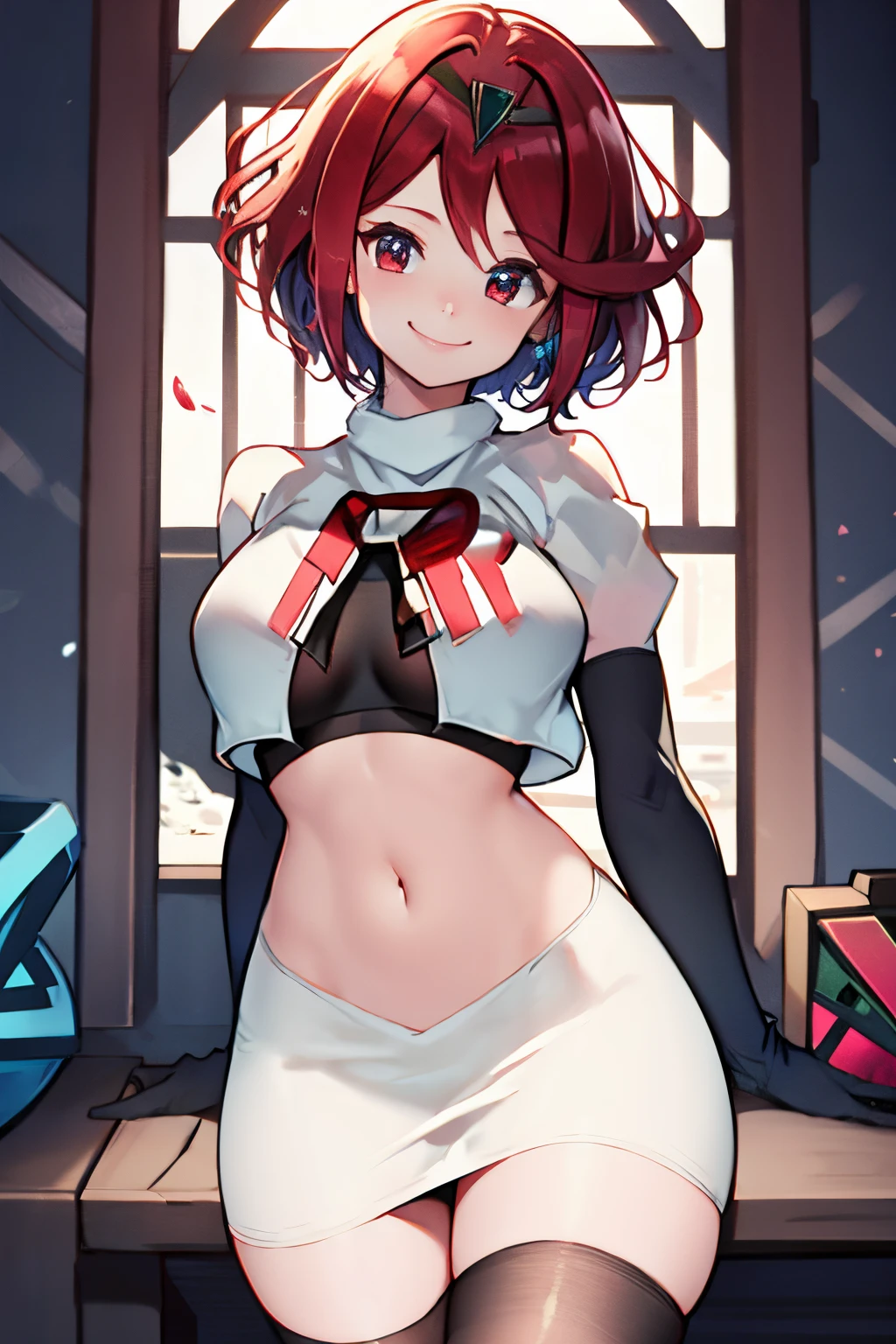 pyra,team rocket,team rocket uniform, red letter R, white skirt,white crop top,black thigh-highs,black elbow gloves, warm smile,