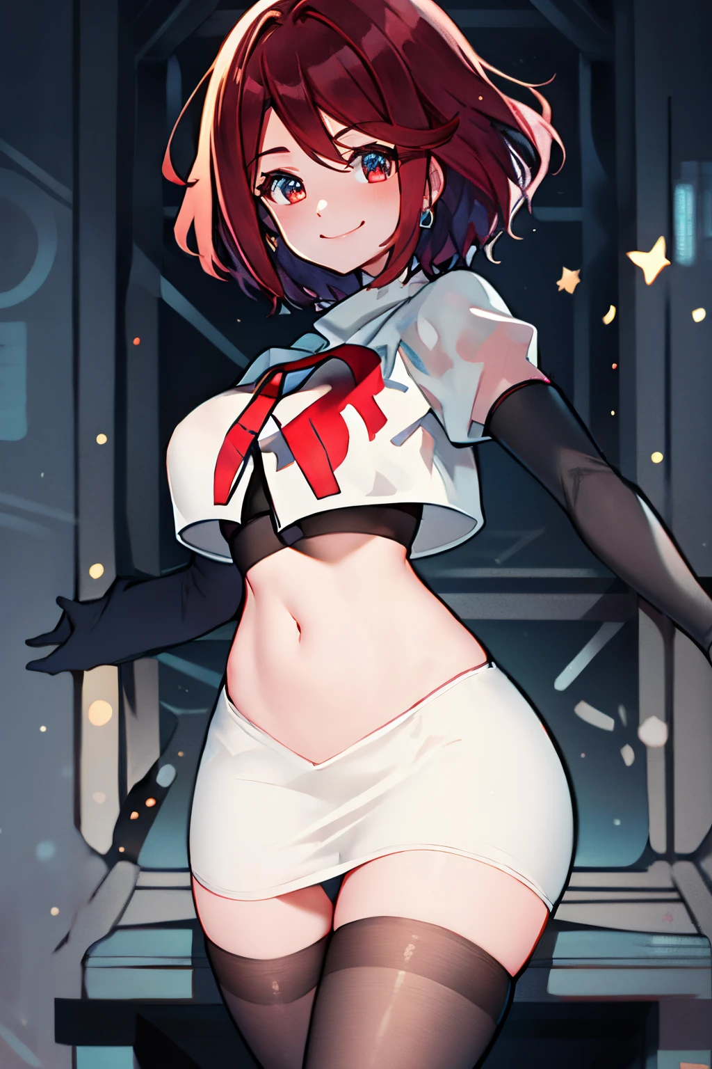 pyra,team rocket,team rocket uniform, red letter R, white skirt,white crop top,black thigh-highs,black elbow gloves, warm smile,