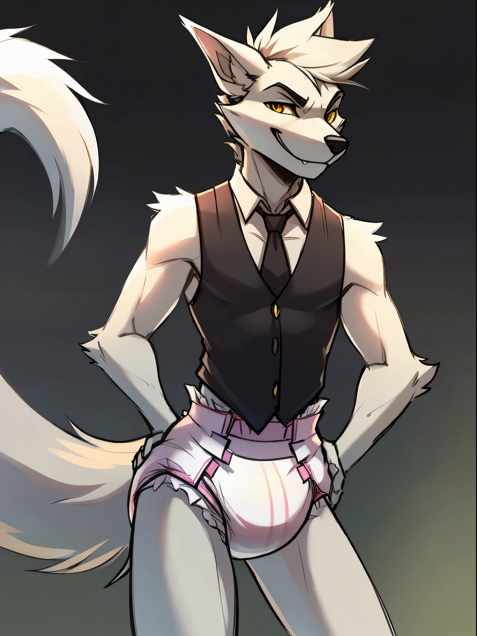 Male, Arctic wolf, detailed yellow eyes, long tail, big nipples, slim, sly, simple background, smirk, leaning over, detailed plain white diaper, very thick diaper