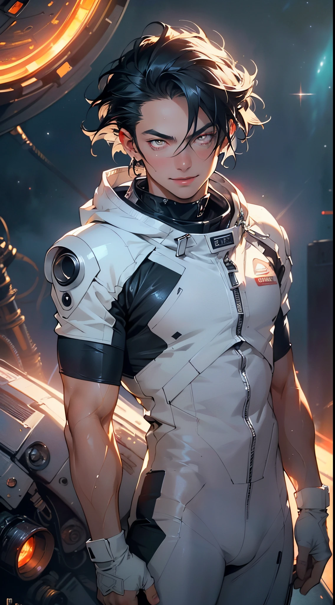(man:1.5),1 man,space adventure man,(((1man))),

(((1male,man:1.5,handsome man,male,male gender:1.5,male focus))),macho man,

((large black hair,disheveled hair,red hair,black hair,two-tone hair,slicked hair)),(((lustrous skin:1.5,tanned skin,bright skin: 1.5,skin tanned,shiny skin,very shiny skin,shiny body,illuminated skin))),(((red_eyes:1.2))),intricate eyes,beautiful detailed eyes,symmetrical eyes,man chest,handsome face,((muscular,muscular man)),(((detailed face))),

alluring look,nsfw,

space suit pants,((bulge in pants)),((space suit outfit, red space suit,short sleeve spacesuit)),(wearing a space suit outfit:1.3,space suit clothes),((wet clothes,intricate outfit,intricate clothes)),

(dynamic pose:1.0),solo focus,((evil smile,evil look)),(centered,scale to fit dimensions,Rule of thirds),

cyberpunk city by the ocean at night, with bright neon signs and dark stormy clouds and puddles, scenery:1.25,nighttime, starry night, cosmos,Very dark night that makes the neon lights stand out, very bright neon lights,nighttime, starry night, cosmos,

artistic photography,(photography taken by sldr),highres, sharp focus,(ultra detailed, extremely detailed), (photorealistic artwork:1.37),(extremely detailed CG unity 8k wallpaper),((synthwave background theme)),(((vibrant colors))),intricate,(intricate background),(masterpiece),(best quality),photo realistic,analog style,((intricate detail)),(((realism))),