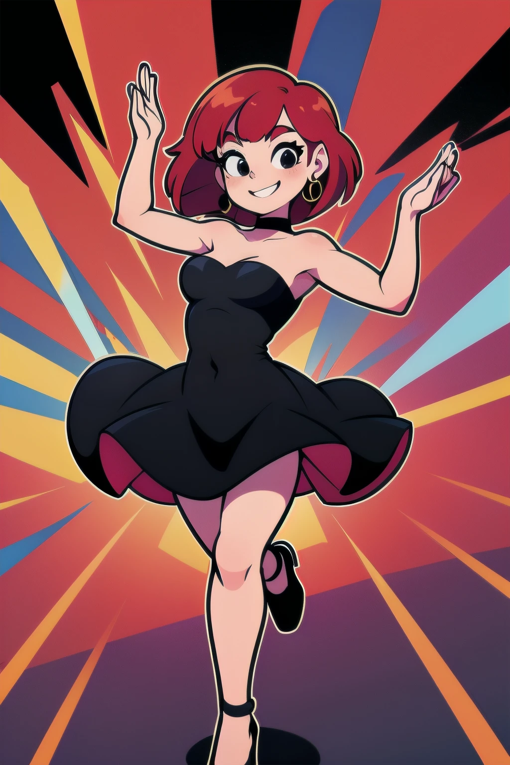 1 girl, teenage, red hair, short red hair, medium hair, bob hair, black eyes, little black dress, strapless dress, skin-tight dress, smile, black choker, golden hoop earrings, hands up, armpits, dancing, looking at you, lovely legs, sexy, ballroom background, disco and abstract lighting, masterpiece, high quality, flat colors, flat colors, cel shading, outlines, vector art.