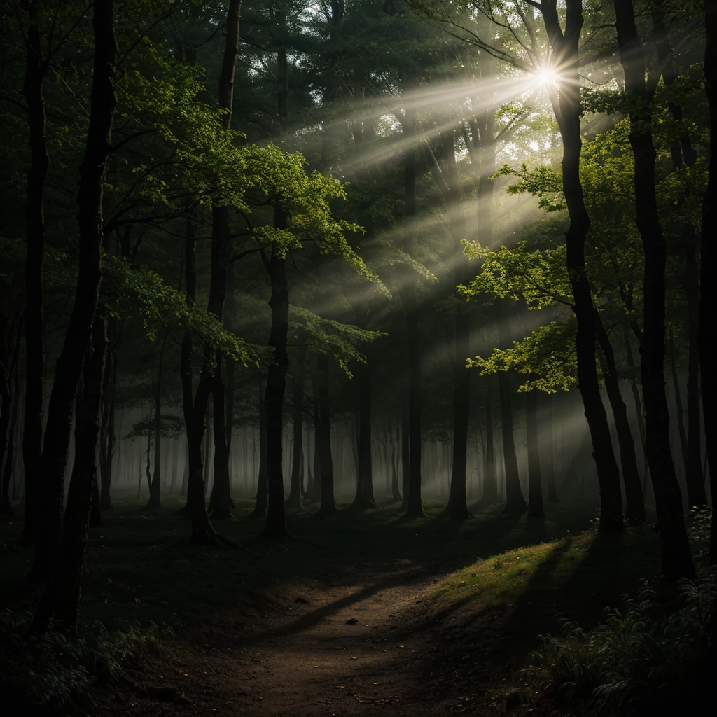 realistic dark oil painting of a medieval village at sunrise, mossy, mist, foggy, shadows, misterious, mithical, dark, rays of light shines trough the woods, ambient, depth of field, volumetric lighting, cinematic lighting, moody, heavy darkness, black sky, low angle perspective, by Eyvind Earle