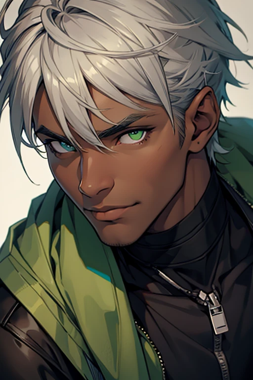 man, dark skin, green eyes, gray hair, close up, sexy.