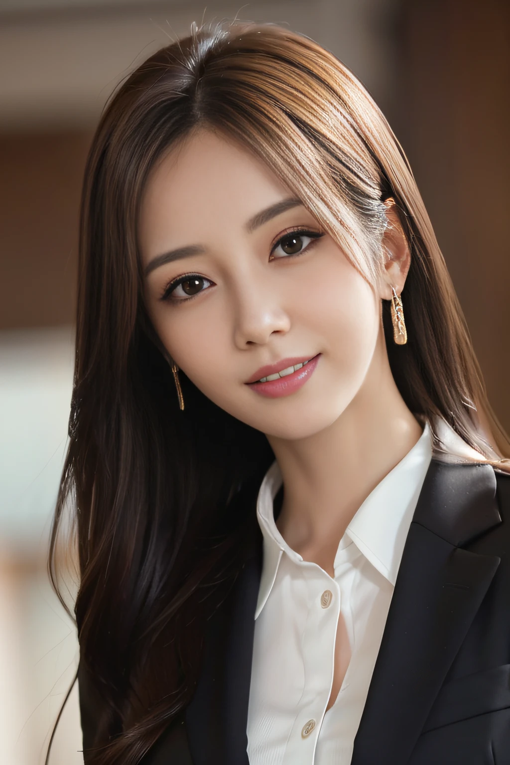 masutepiece, Best Quality, Photorealistic, Ultra-detailed, finely detail, High resolution, 8K Wallpaper, 1 beautiful woman,, light brown messy hair, in a business suit, foco nítido, Perfect dynamic composition, Beautiful detailed eyes, detailed hairs, Detailed realistic skin texture, Smiling, Close-up portrait, Model body type