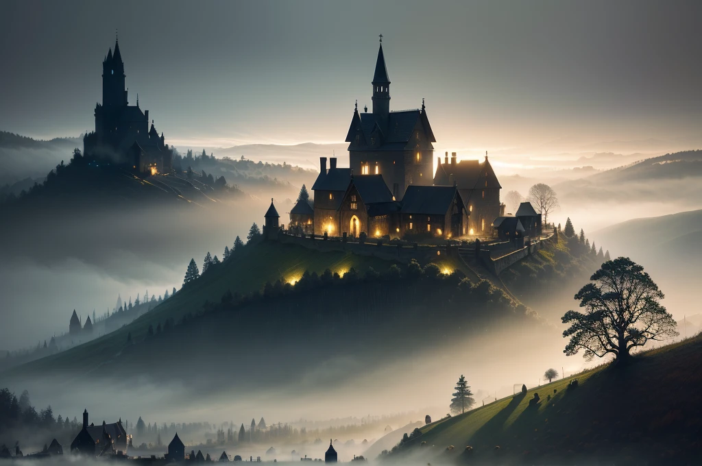 realistic dark oil painting of a medieval village at sunrise, mossy, mist, foggy, shadows, misterious, mithical, dark, rays of light shines trough the woods, ambient, depth of field, volumetric lighting, cinematic lighting, moody, heavy darkness, black sky, low angle perspective, by Eyvind Earle