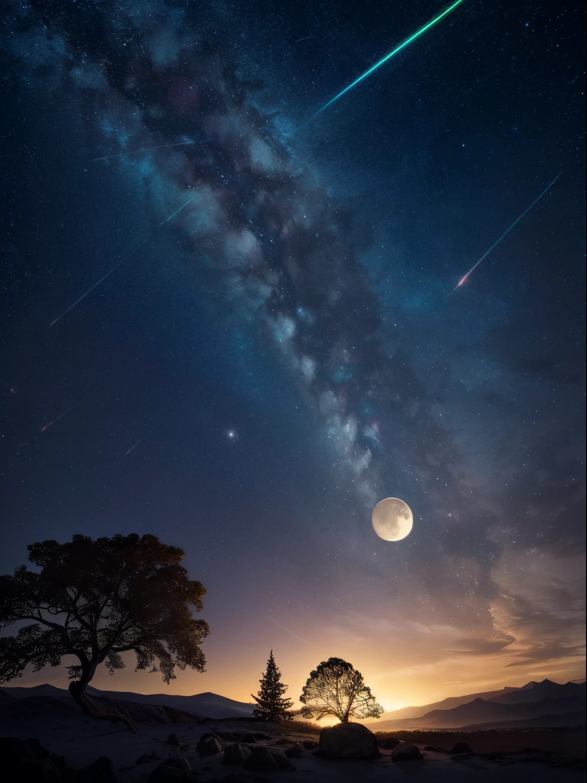 Expansive landscape photography, (View from below with a view of the sky and the wilderness below), (moon full: 1.2), (meteors: 0.9), (Starcloud: 1.3), Far Mountain, tree breaking art, (Warm light source: 1.2), (glowworm: 1.2), lamp lights, Purple and orange, Complicated details, Volumetriclighting, Realist breakthrough (tmasterpiece: 1.2), (Best quality at best), 4K, ultra - detailed, (dynamic compositions: 1.4), Very detailed and colorful details, (Irridescent color: 1.2), dream-like, magical, (shimmering dazzling lighting, Ambient lighting), (Alone: 1.2)