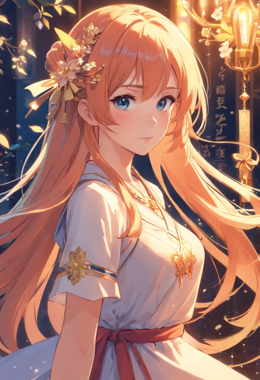 1girl, long hair, bright hair color, seductive eyes, mysterious expression, mature appearance, charming dress, flowing dress, elegant jewelry, intricate decoration, magic symbols, glowing accessories, potions, scrolls, cute accents, bows, ribbons, flowers,