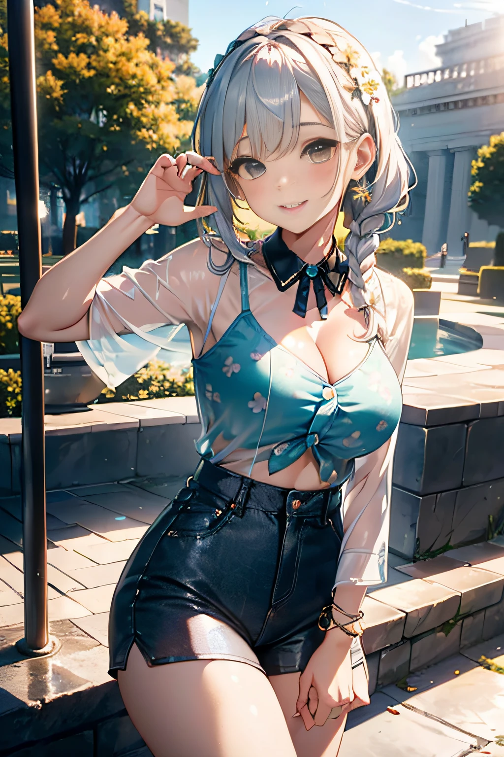 (3D Animation:1.3),In front of the fountain in the park,cute and beautiful adult woman,Cute round face,Cute smile,Blouse that shows skin,Sexy costume that shows the bottom of the breasts,hotpants,(silver white hair,Floral braided headband,half up、Floral Braided Space Van,Voluminous Fishtail Braids,Twisted chignon,),(Bangs are see-through bangs),(((Emphasize large breasts:1.3))),breast slip,detailed clothes features,Detailed hair features,detailed facial features,(Dynamic angles),(Dynamic and sexy poses),profetional lighting,Cinematic Light,(masutepiece,top-quality,Ultra-high resolution output image,) ,(The 8k quality,),(Sea Art 2 Mode:1.3),(Image Mode Ultra HD,)