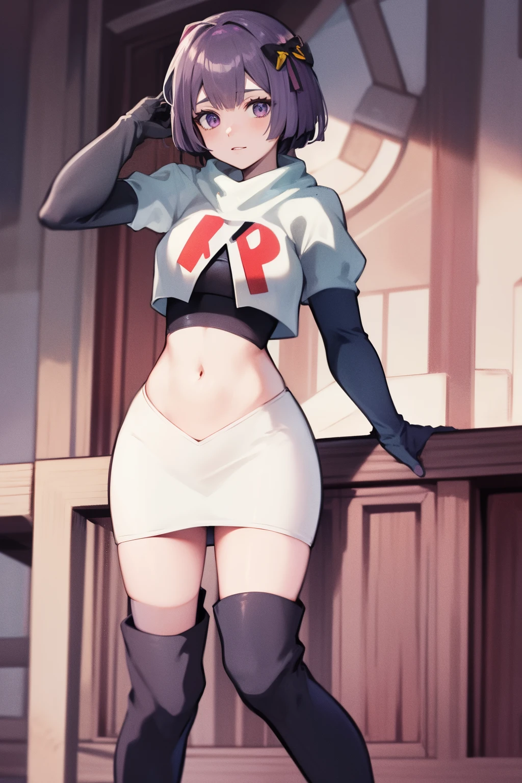 warBernie, hair bow, purple eyes, purple hair, team rocket uniform, red letter R, white skirt,white crop top,black thigh-high boots, black elbow gloves,