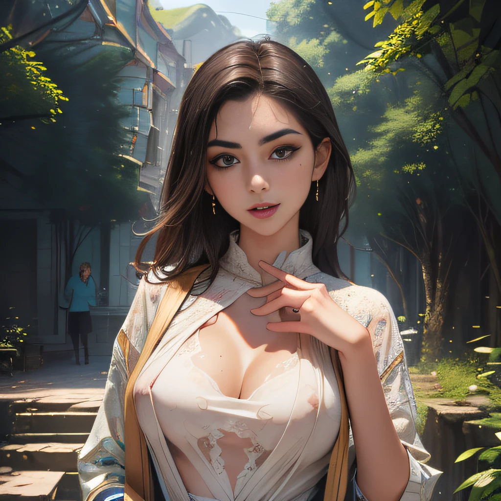 (extremely detailed 8K wallpaper:2), (photo:2), (22 years old Xuan Beautiful girl:2), (gives a lecture to friends:2), Detailed (Face & Eyes), (hyper realistic:1), (Highly detailed:1), (Epic Realistic:1), rim light, (Maximum details:1), Cosy, (body complet:1.3), (looking a viewer:2.0), (Attractive qualities of a woman:2), (attractive female:2), (Attractive:2), Smile, intelligence, sympathy, Grace, A sense of style, Fitness, Care, optimism, (sensitivity:2), frankness, Romantic gestures, playfulness, Fashion Sense, (sensuality:2), charm, modesty, Thoughtfulness, (femininity:1), flirtatiousness, warmth, (Physical Attractiveness:2), beautiful smile, Love of Life, Strength and power, Vulnerability, curiosity, wonder, Love, (Nature's prehistory:2), Kawaii, waifu, beautiful breasts, (attractive body:2), (handsome body:2), BEAUTIFUL POSE, attractive pose, (nice feet:1.0), (beautiful clothing:1), (Classic clothes:2), (elegant clothing:2), (European Clothing:2), detailed clothes, (upskirt:1), (blouse:1), (provocative pose)