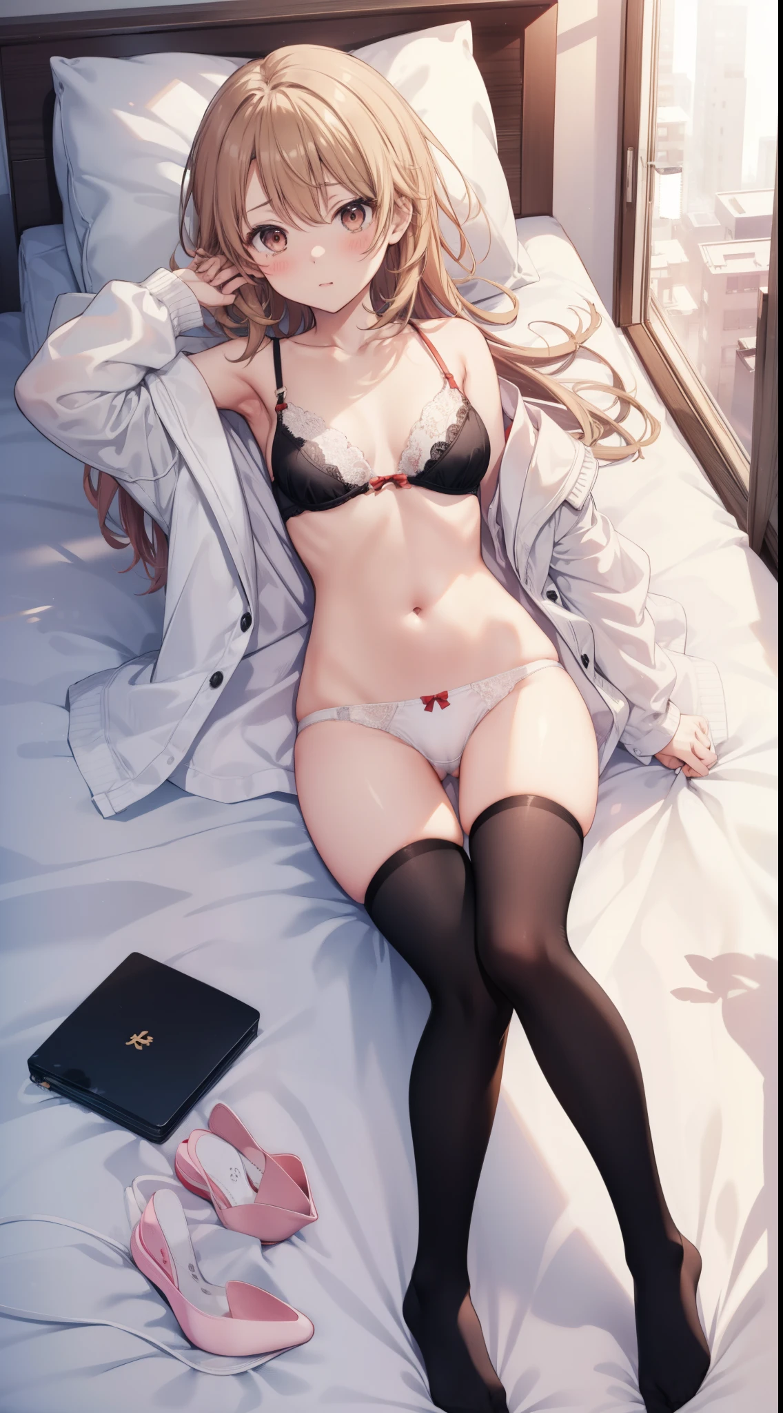 Iroha Isshiki、22 year old girl with a slim and tall body、独奏、Full body portrait from head to toe、Portrait composition from above、small tits、long hair of light colors、red blush、Embarrassed look、White bra、white  panties、Black pantyhose、Black tights、black pantyhose、Black Knee High Socks、white  panties、No shoes on、lying straight on the bed、erect pose、White panties are visible、bedroom、inside in room、during daytime、No jacket、no  skirt