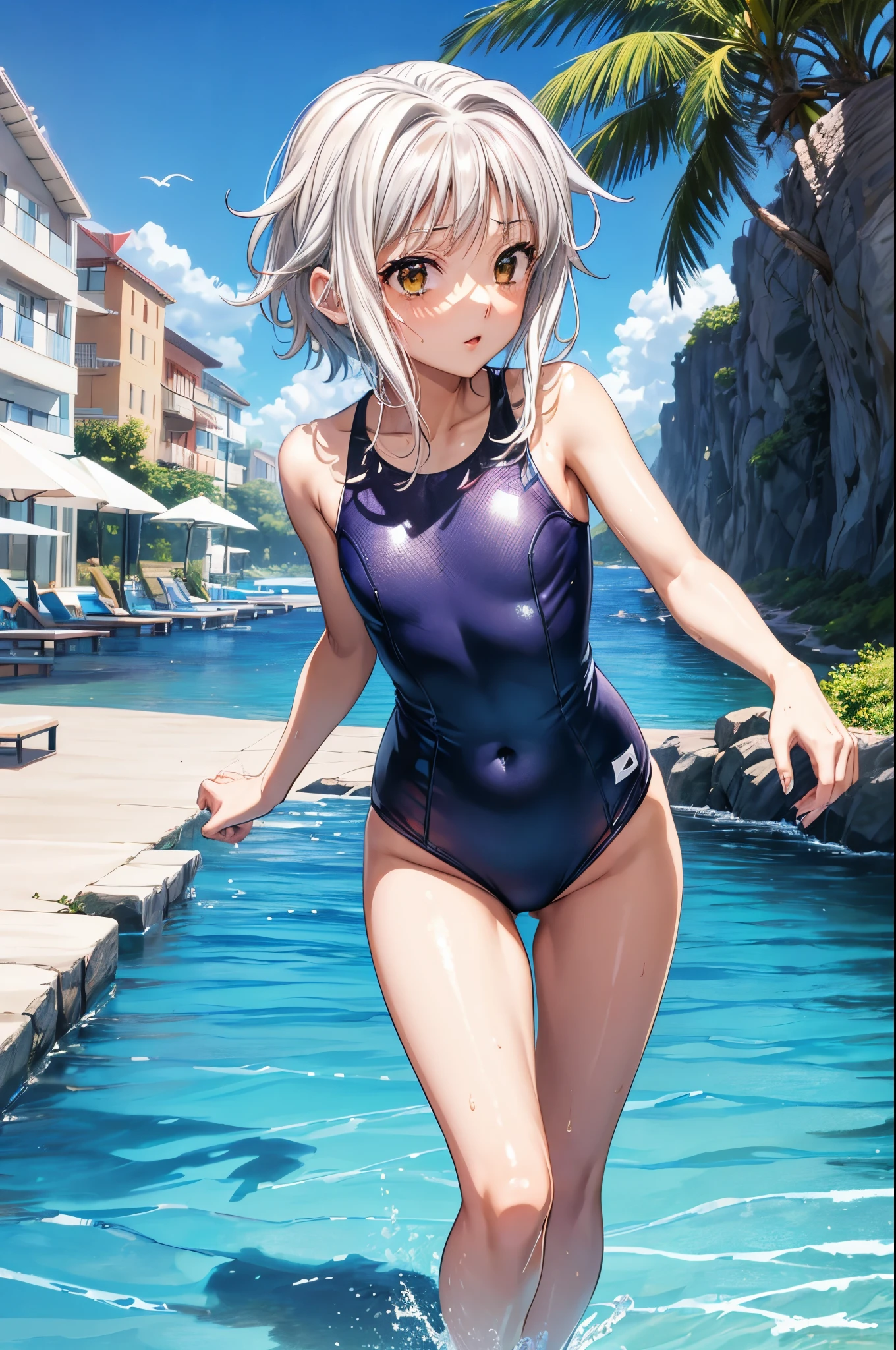 {{From Below}},high school girl,{{beautiful  pink eye1:4}},{{{Sit on your knees by the pool}}},happy,{silver hair}},(Photoreal:1.4),BREAK,{{Swimsuit}},{{look far away}},{masterpiece,best quality,illustration},17 yutiful medium and large breasts 1:4,high school girl