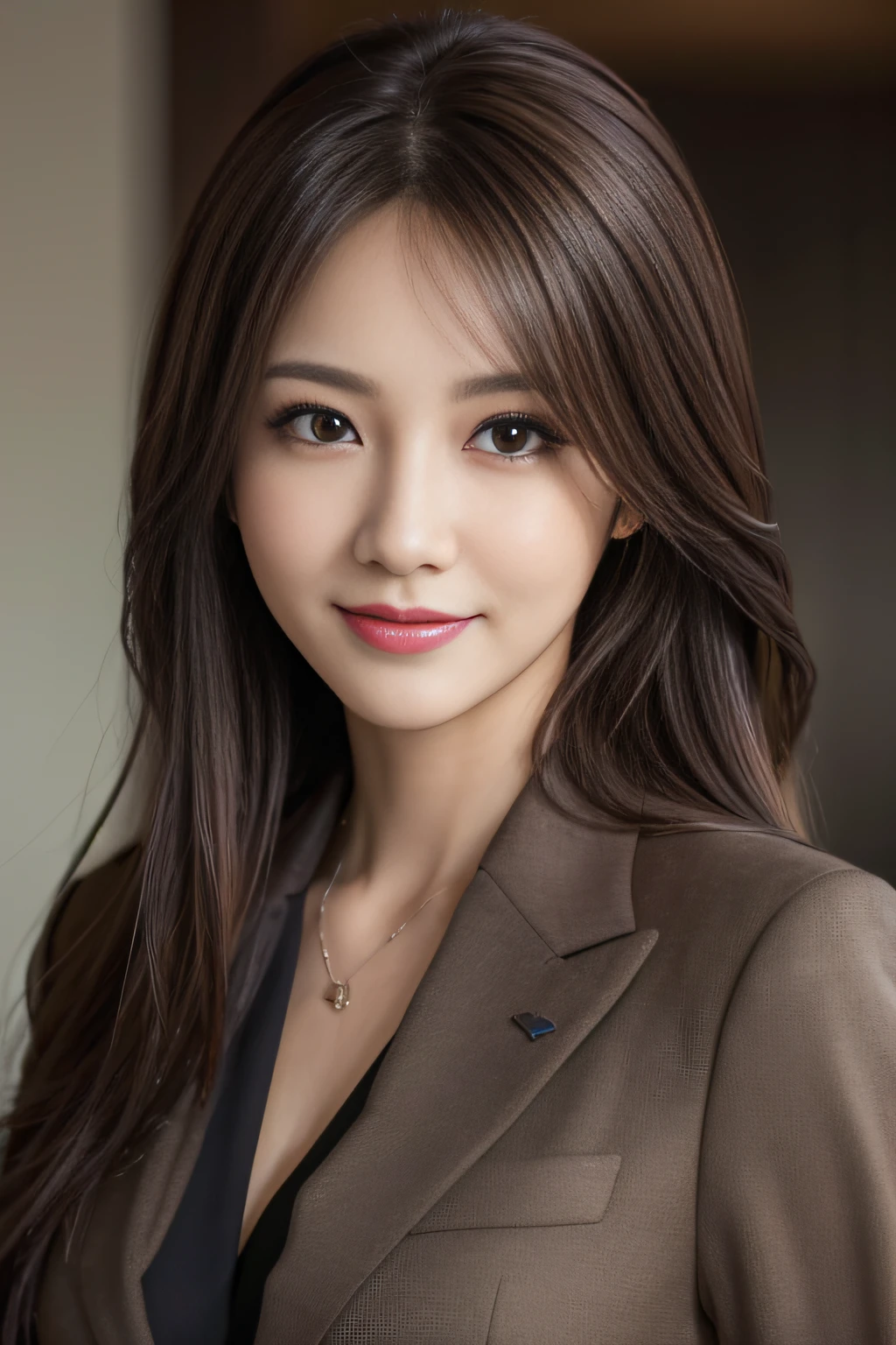 masutepiece, Best Quality, Photorealistic, Ultra-detailed, finely detail, High resolution, 8K Wallpaper, 1 beautiful woman,, light brown messy hair, in a business suit, foco nítido, Perfect dynamic composition, Beautiful detailed eyes, detailed hairs, Detailed realistic skin texture, Smiling, Close-up portrait, Model body type