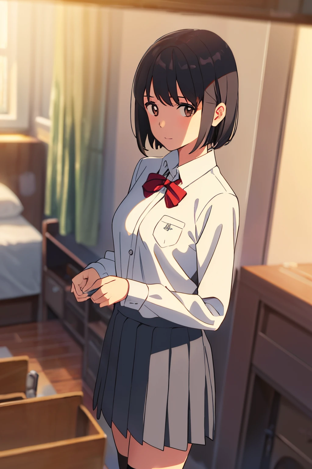 1girl, , long sleeved white shirt with a pocket and a red ribbon on the collar, medium breast, shirt tucked down, short hair, black hair, brown eyes, cowboyshot, close up, solo, bedroom, looking at the viewer, skirt lift, showing her white panties, hair band, hair ribbon 