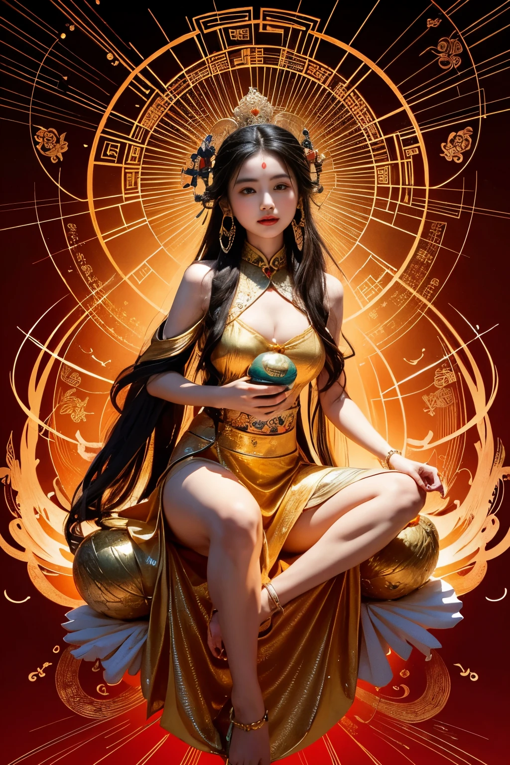 ancient chinese goddess, guanyin of the southern seas, guanyin, Inspired by India, Avalokiteşvara rides in Phoenix，,serene expressions,shui mo hua,Buddha,budista,lotuses,chinese painting style,Thangka style