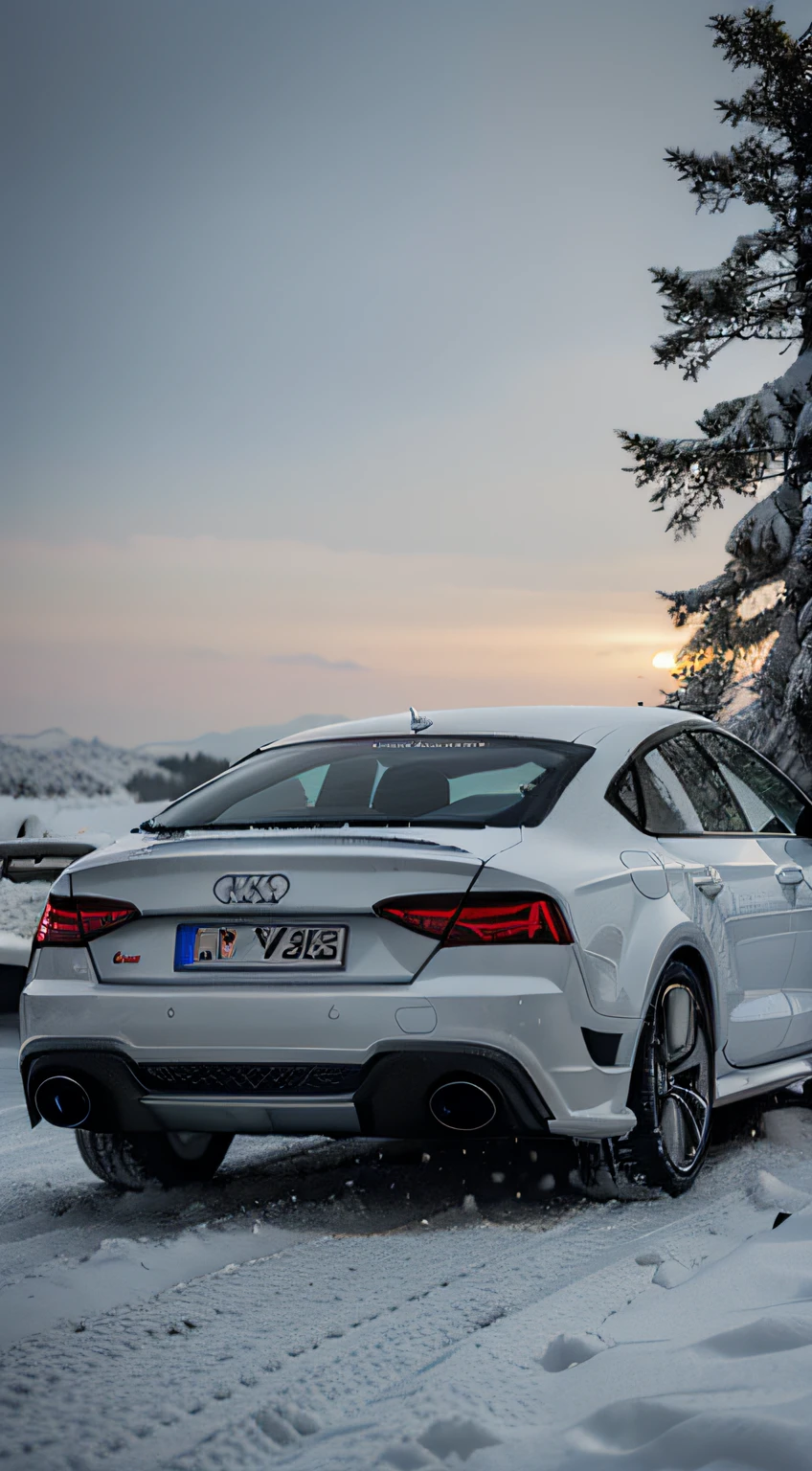 white audi rs7 from behind in snow in dark light behind turned on