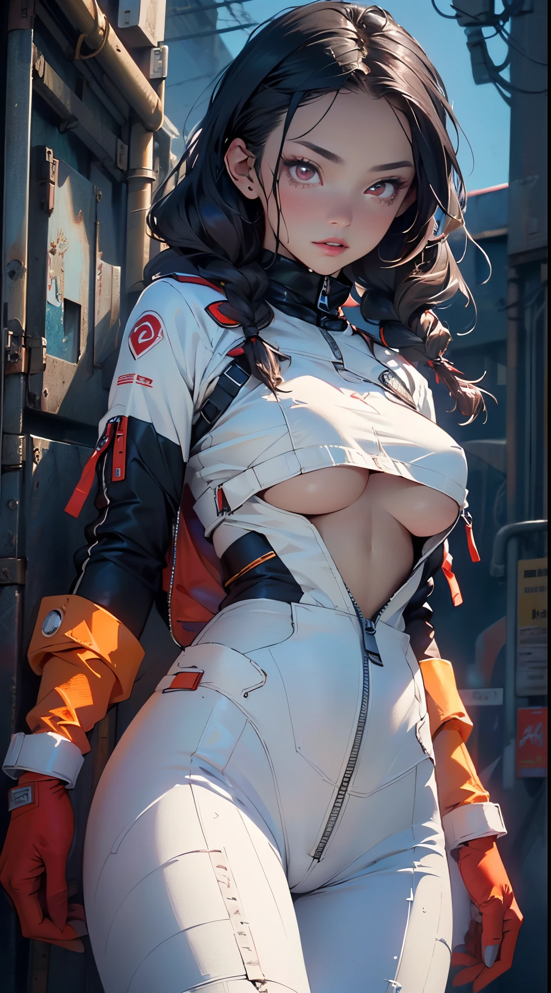 girl spacepunk,(((1girl))),((beautiful girl with spacesuit)),

(large breasts:1.4),saggy breasts,((((long twin braids,tight braids,long braid,braided hair,long hime cut,dark hair,black hair,colored inner hair)))),(((red_eyes:1.3))),intricate eyes,beautiful detailed eyes,symmetrical eyes,((fat)),(((lustrous skin:1.5,bright skin: 1.5,skin tanned,shiny skin,very shiny skin,shiny body,plastic glitter skin,exaggerated shiny skin,illuminated skin,wet legs))),(spider lower abdomen,narrow waist,wide hip,athletic body,inflated legs,detailed body,(detailed face)),


cute,slutty,seductive,erotic,(((nsfw))),

revealing clothing,show skin,((underboob:1.5)),(cleavage),((space suit outfit, red space suit,short sleeve spacesuit)),(wearing a space suit outfit:1.3,space suit clothes),((zipper suit, zipper slightly unzipped))),((wet clothes,intricate outfit,intricate clothes)),

(dynamic pose:1.0),solo focus,embarrassed,(centered,scale to fit dimensions,Rule of thirds),

cyberpunk city by the ocean at night, with bright neon signs and dark stormy clouds and puddles, scenery:1.25,nighttime, starry night, cosmos,Very dark night that makes the neon lights stand out, very bright neon lights,nighttime, starry night, cosmos,

artistic photography,(photography taken by sldr),highres, sharp focus,(ultra detailed, extremely detailed), (photorealistic artwork:1.37),(extremely detailed CG unity 8k wallpaper),((synthwave background theme)),(((vibrant colors))),intricate,(intricate background),(masterpiece),(best quality),perfect rendered face,perfect face details,realistic face,photo realistic,analog style,((intricate detail)),(((realism))),