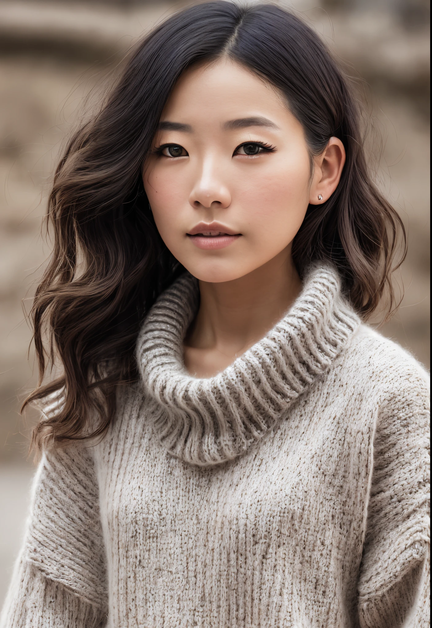 (Mejor calidad, 8k, 32k, obra maestra, UHD: 1.2), foto de una mujer japonesa bonita, pechos grandes, cabello rizado muy corto, parte superior del cuerpo, (oversized_sweater,:1.1) collar, fondo simple, mirando a la camara