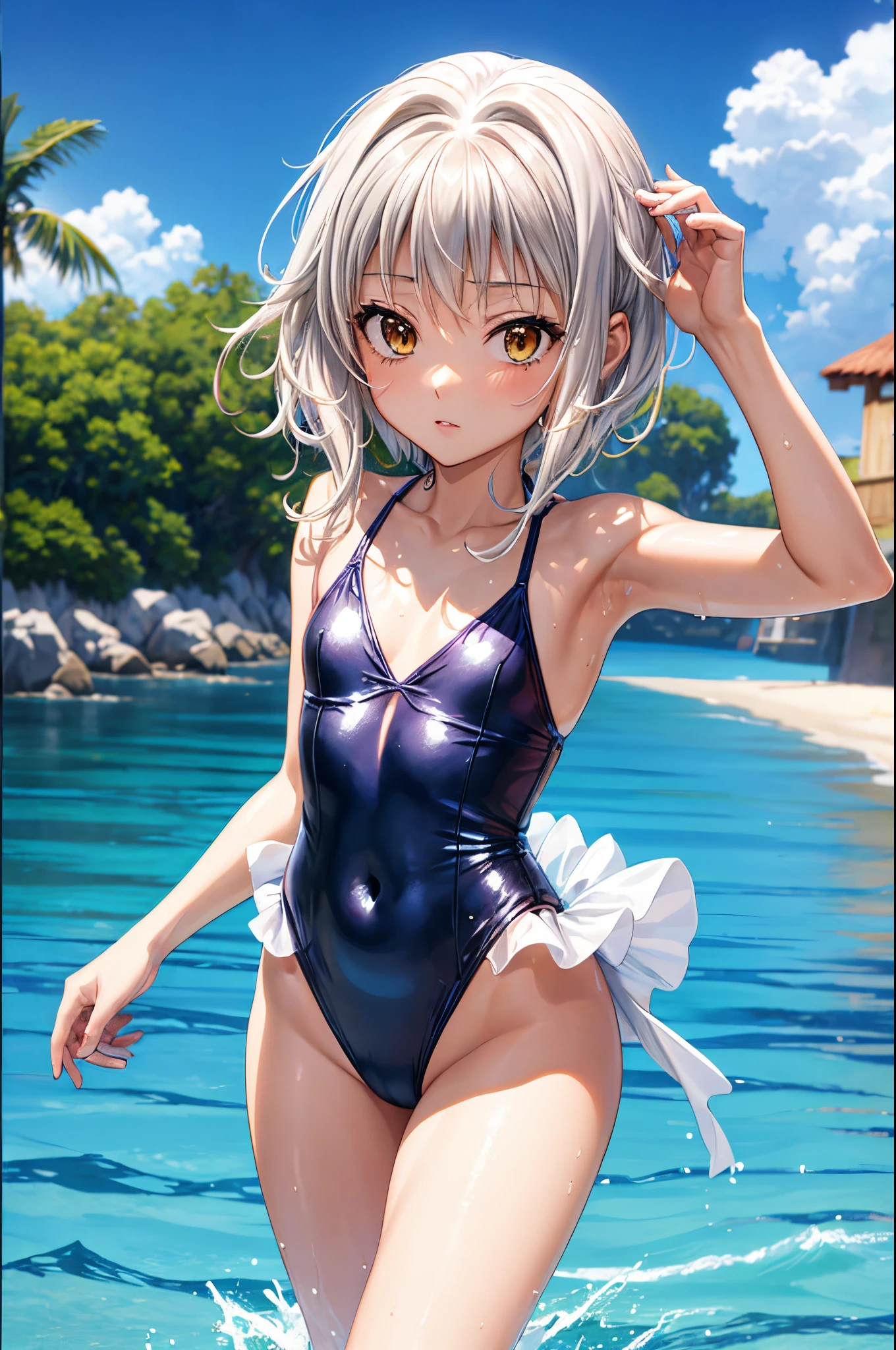 1 beautiful girl 18 years old slim, Small Long  Swimsuit, mar olas playa atardecer de verano, UHD, Obra maestra, Anatomically correct, Detalles altos, Altas Resoluciones, La mejor calidad, Super detail, 8k  Anime girl in blue swimsuit posing in the ocean., is wearing a swimsuit, swimsuit, Bikini realista, swimming suit, wet swimsuit, seductora chica de anime, en la playa, hermosa chica de anime, Linda chica con traje sin mangas, in a gold one piece swimsuit, Hermoso y atractivo anime adolescente, (Chica anime), en el mar, Atractiva chica de anime, linda chica de anime