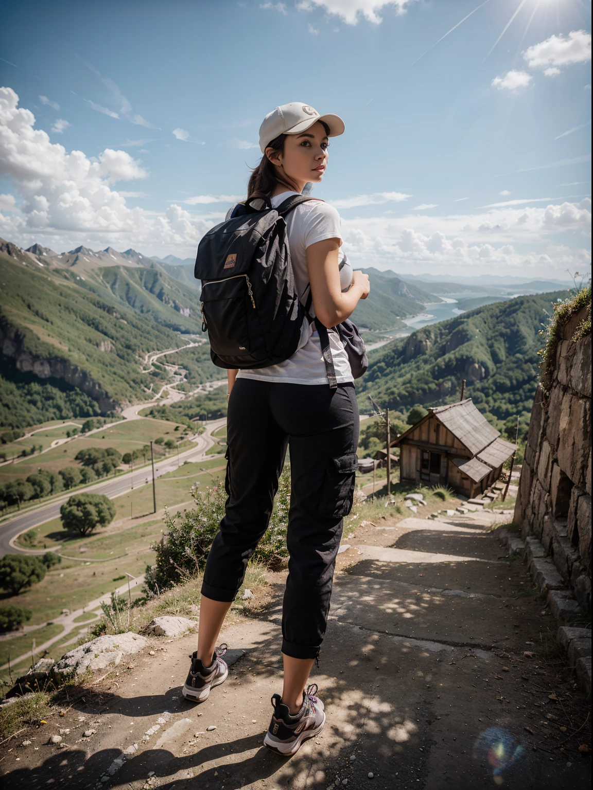 Pretty 25-year-old woman climbing a steep mountain, cargo pants, backpack, cap, outdoor, back to camera Estilo anime, altamente detallado