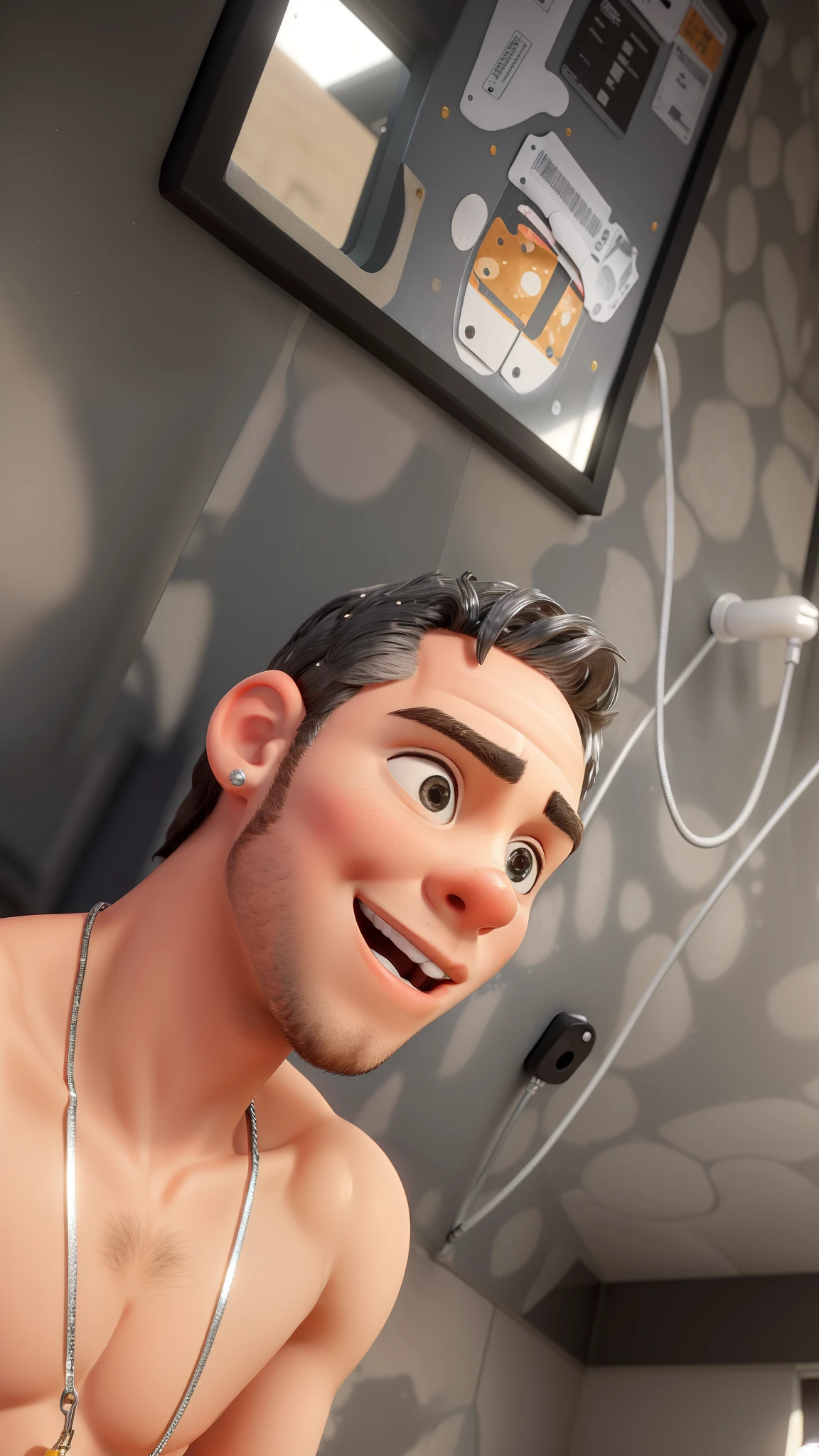 Illustration of smiling man lying on a bed with a quilt on it, sorriso insano, Homem de pele marrom com um sorriso gigante, happily smiling at the camera, sorriso atrevido, he's smiling, sorriso muito grande, Macho sorridente, foto de perfil headshot, mutahar rindo, sorriso enorme,
