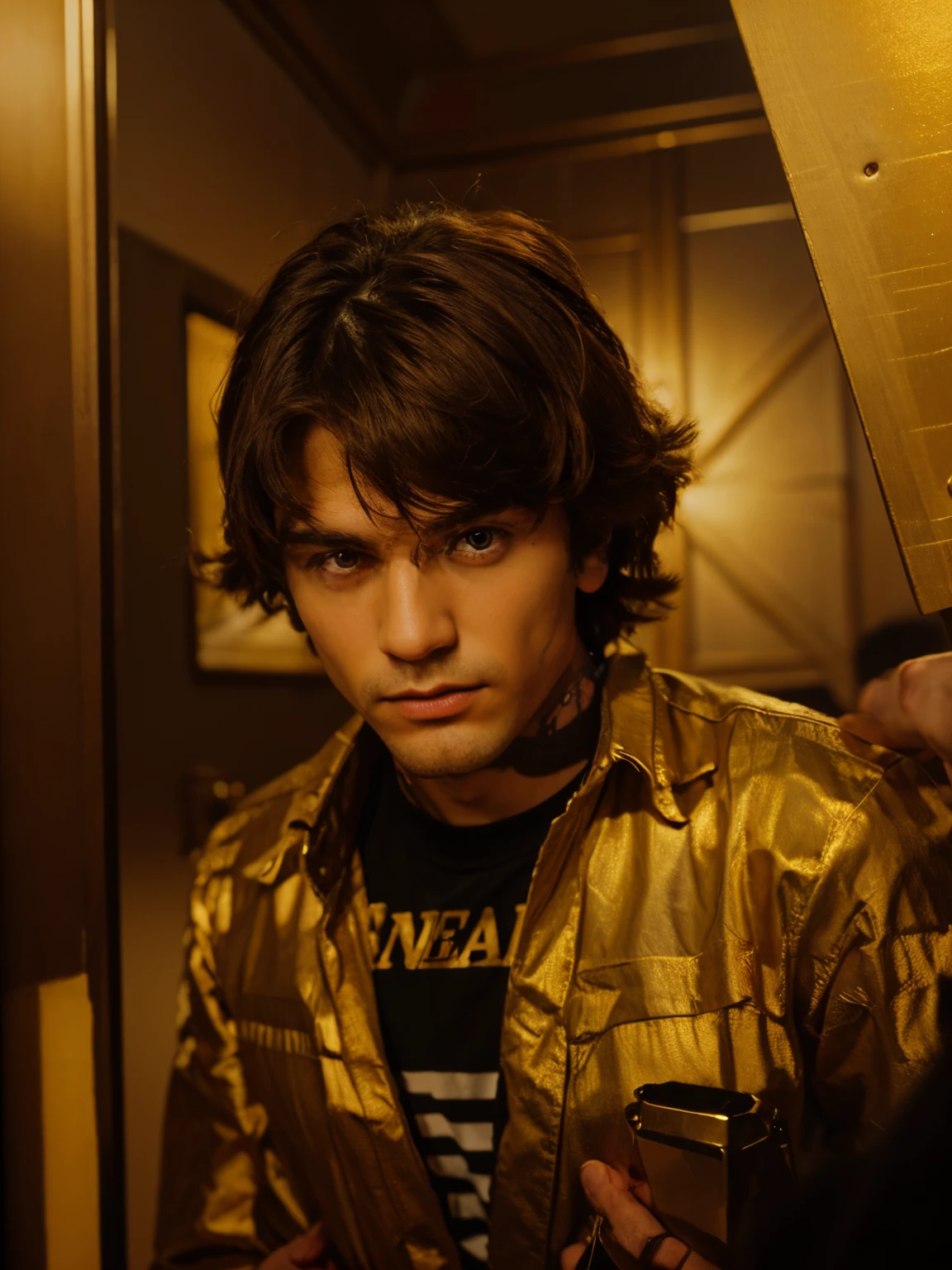The man in the photo is holding a golden revolver, ultra realistic high quality, detailed photo, 34k