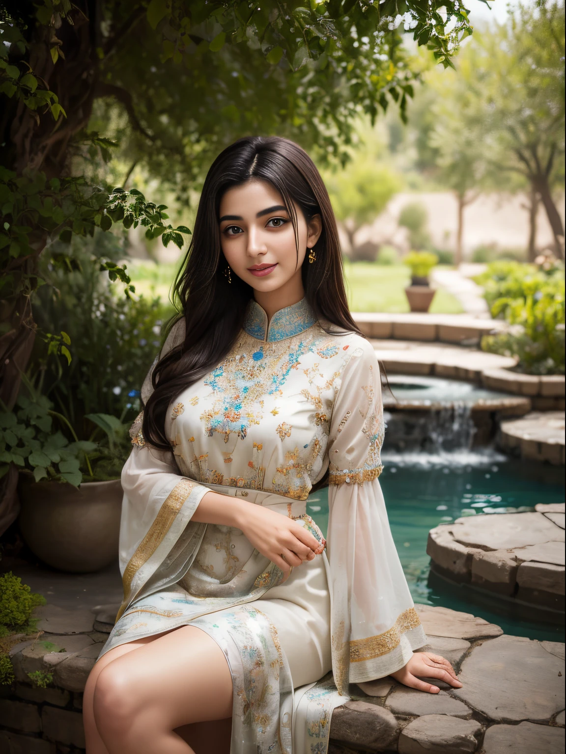 (8K, Ultra high res:1.1) Nasrin, an 18-year-old Iranian girl, finds tranquility in a beautiful Persian garden. She wears a traditional colorful dress, adorned with intricate patterns and embroidery, symbolizing her connection to Iranian culture. The high-resolution image captures ultra-detailed realism, highlighting Nasrin's captivating brown eyes, radiant smile, and flowing dark hair. The lush greenery, vibrant flowers, and serene water features create a peaceful ambiance, emphasizing Nasrin's appreciation for nature and her Iranian heritage.